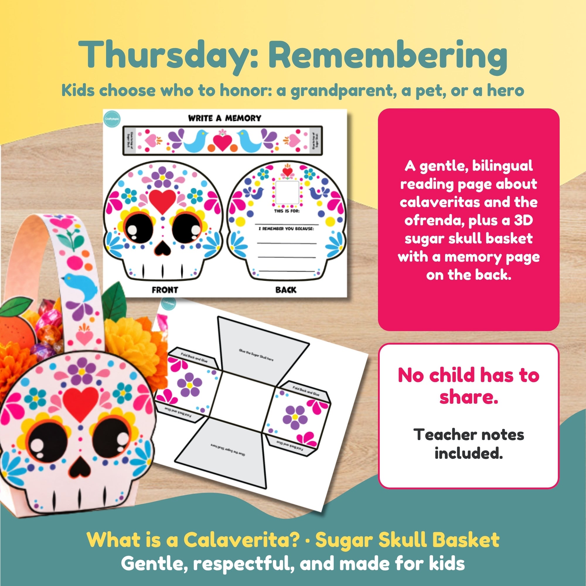 Thursday What is a Calaverita reading page and 3D sugar skull basket with a memory page