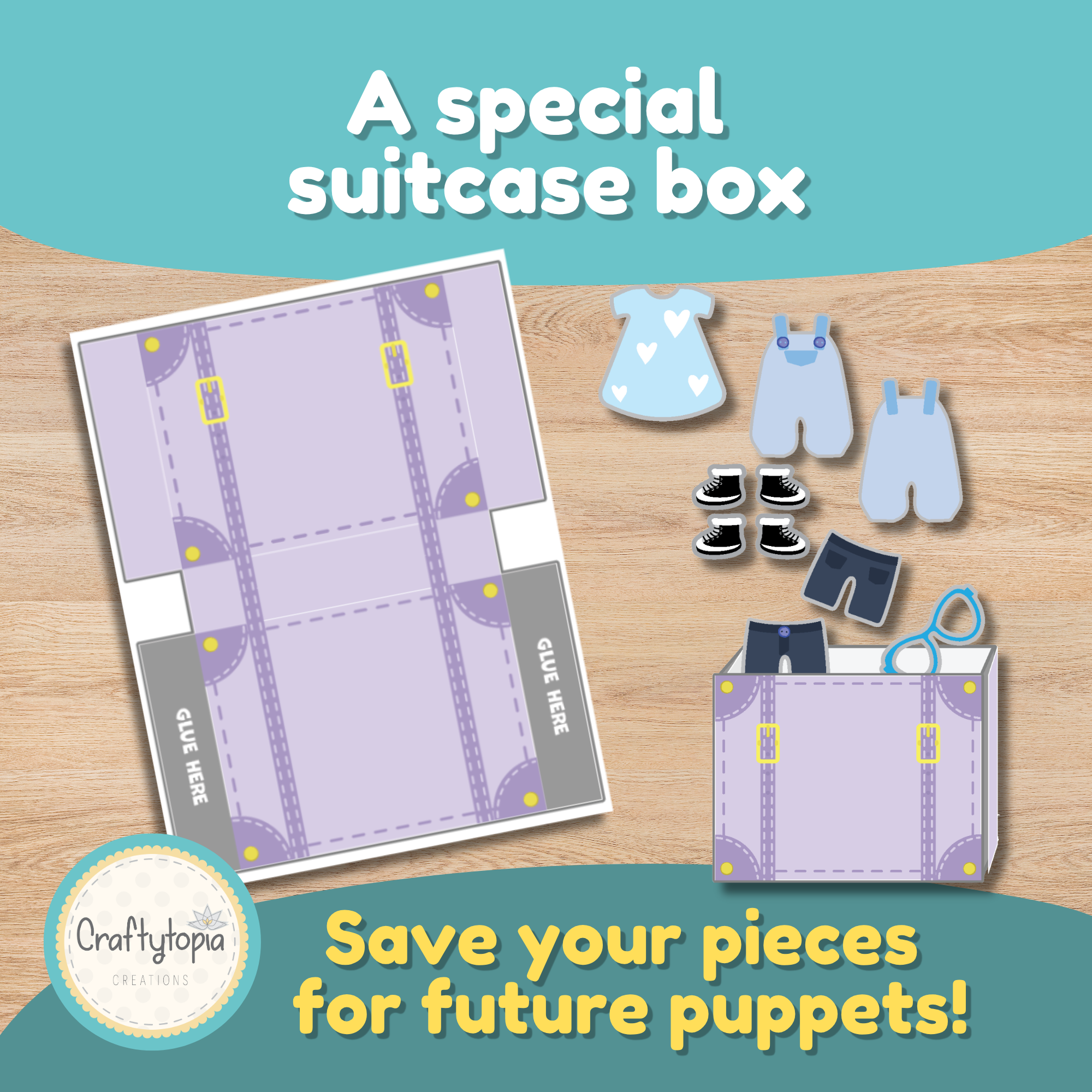 Printable suitcase storage box holding extra puppet clothes and shoes to save leftover pieces for future puppets.