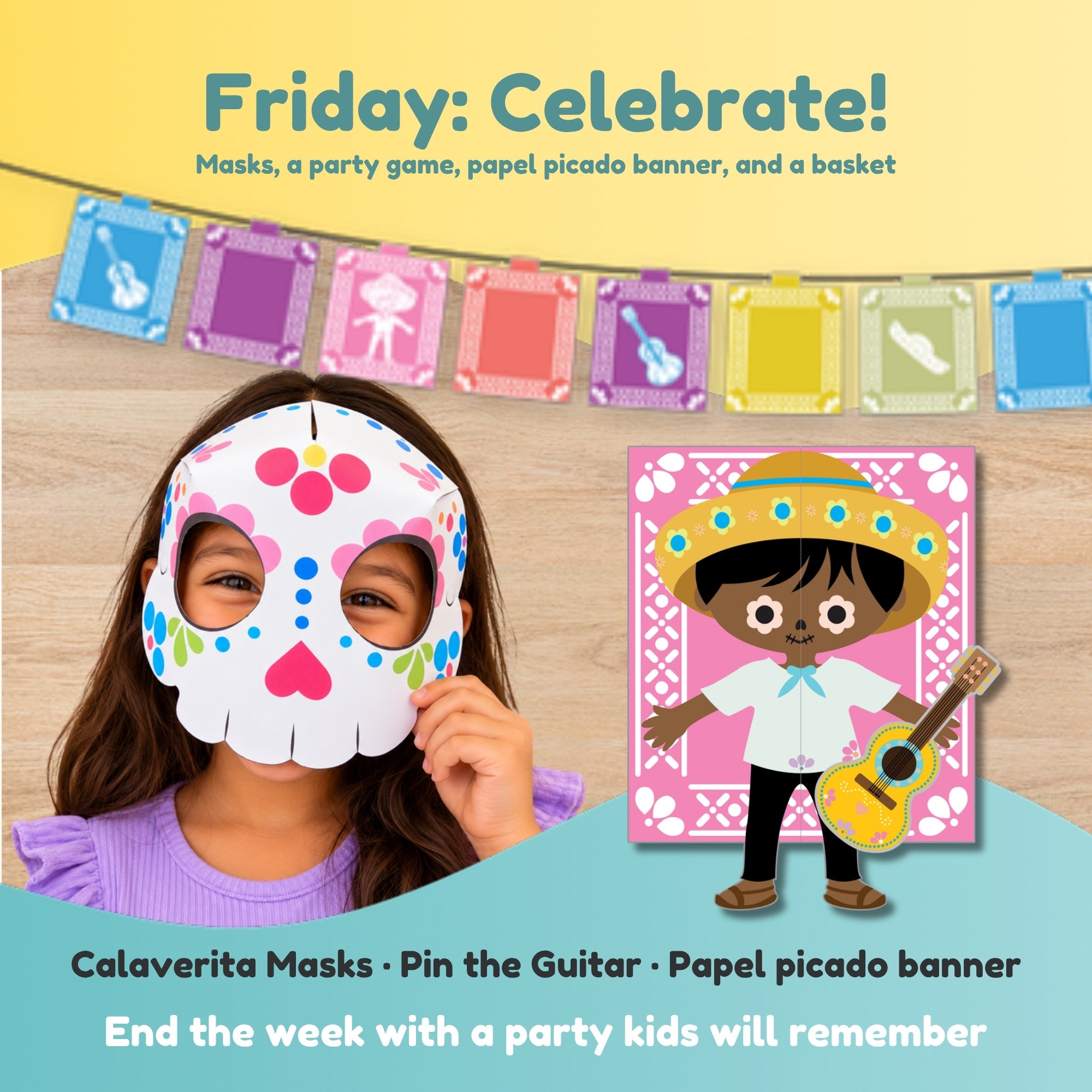 Girl wearing a calaverita mask under a papel picado banner, next to the Pin the Guitar game