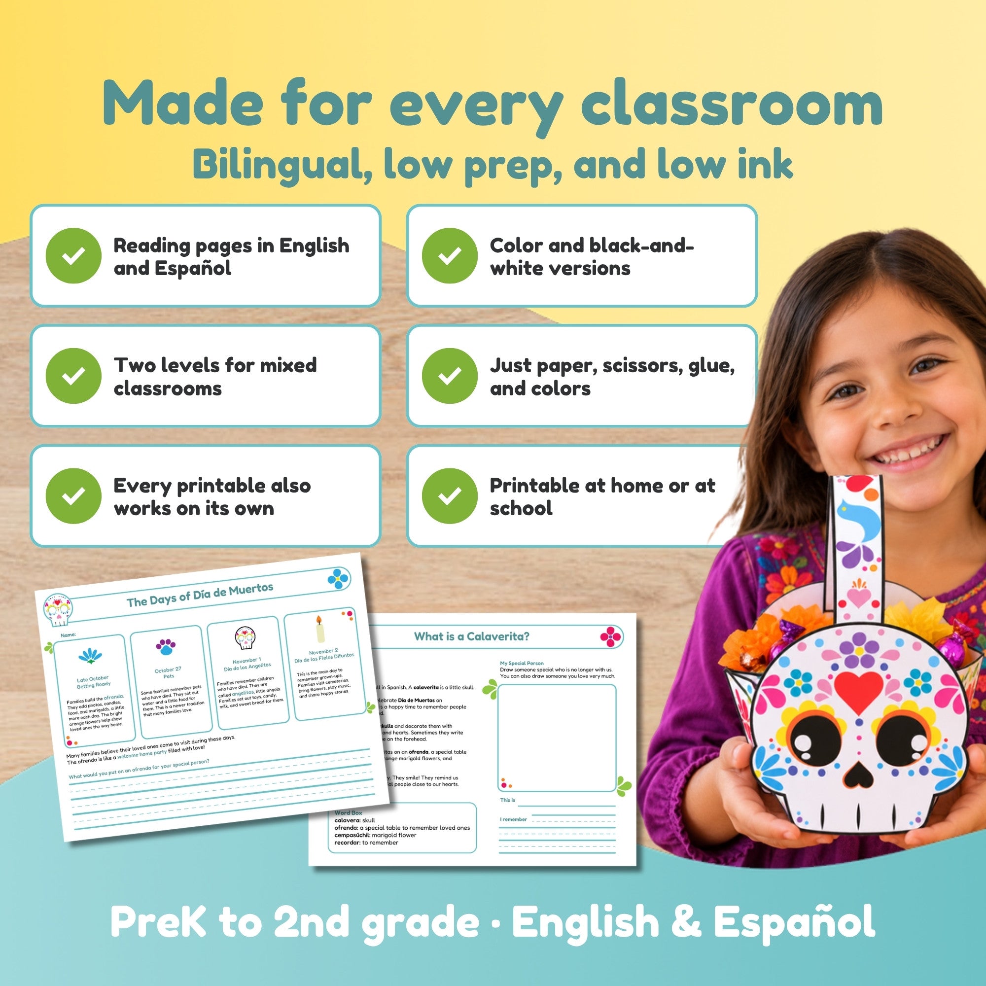 Checklist of classroom features: bilingual, color and black-and-white, two levels, low prep, with a girl holding a sugar skull basket