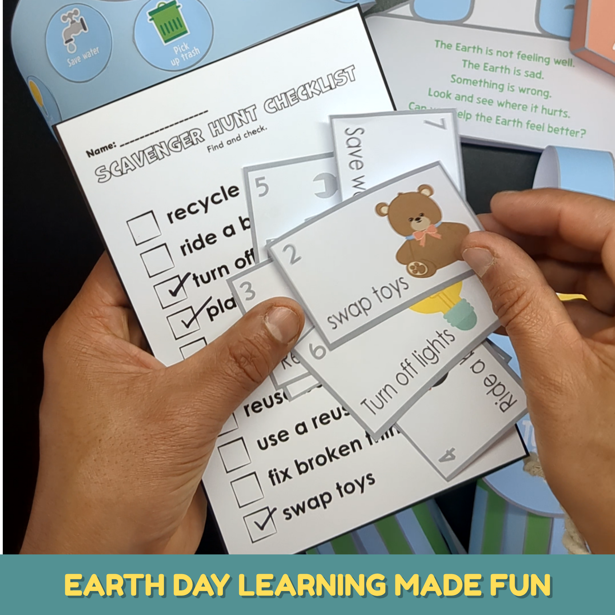 Earth Day learning activities for kids featuring printable cards about recycling and simple ways to help protect the planet.
