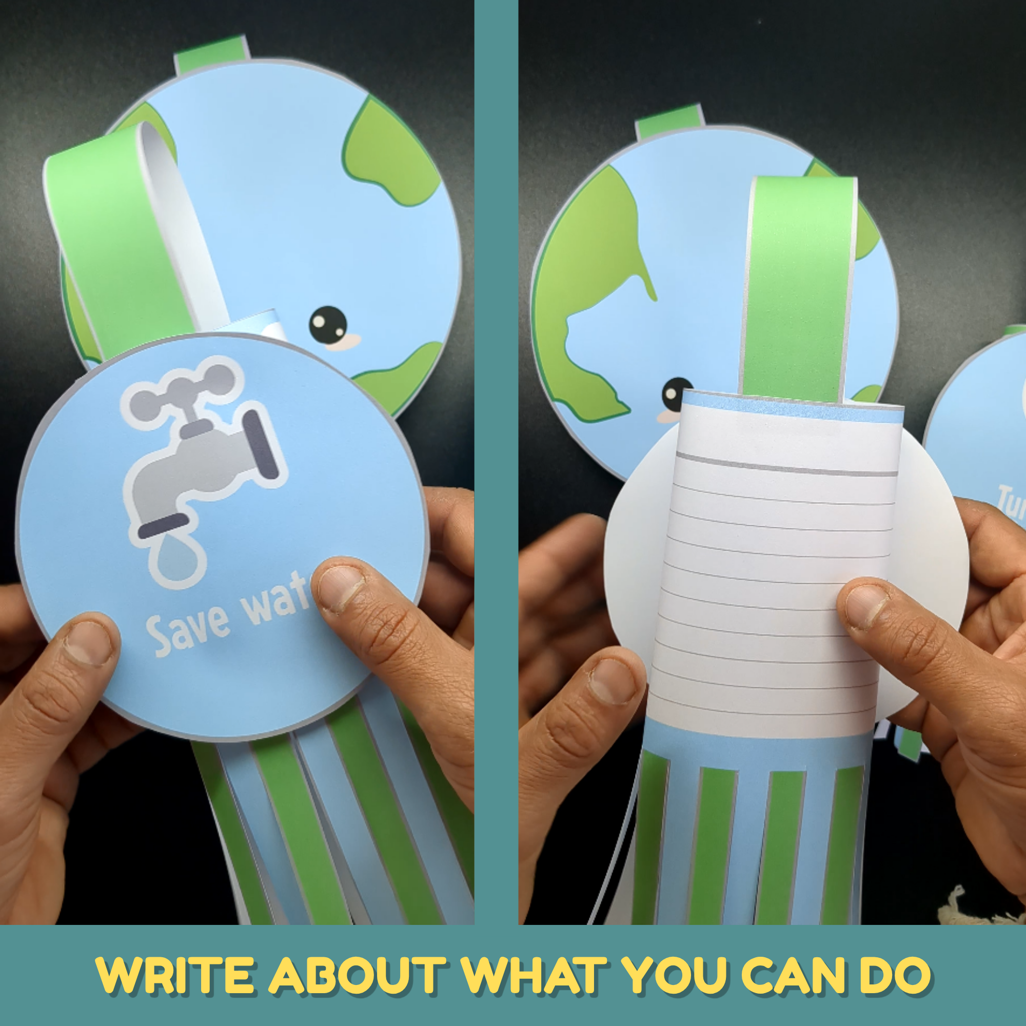 Earth Day printable crafts and writing activities for kids featuring save water, turn off lights, and ways children can help Earth.