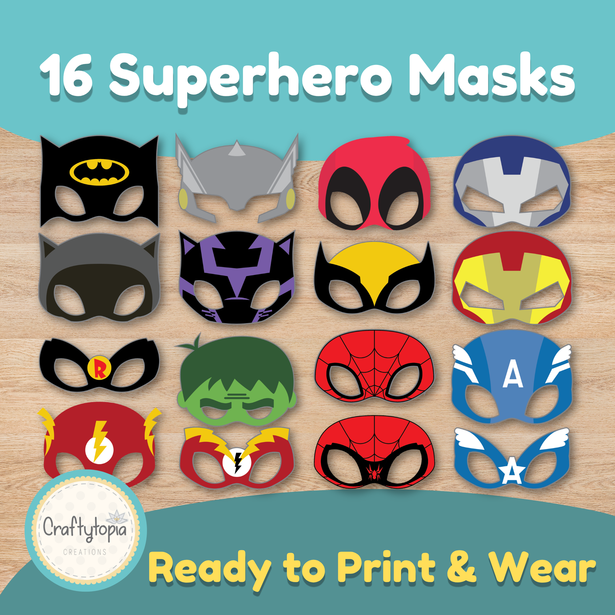 16 printable superhero masks for kids including Marvel and DC characters — instant download craft activity
