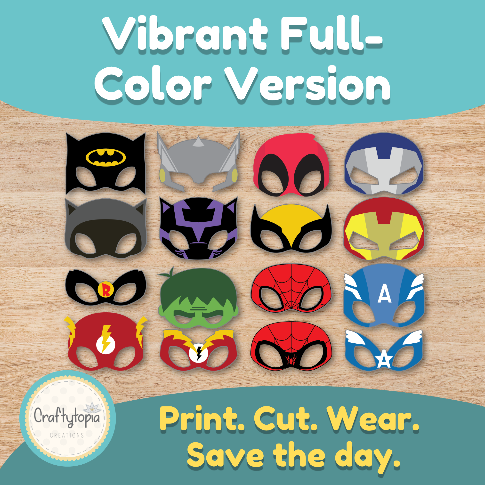 Full color printable superhero masks for kids — print cut and wear pretend play activity
