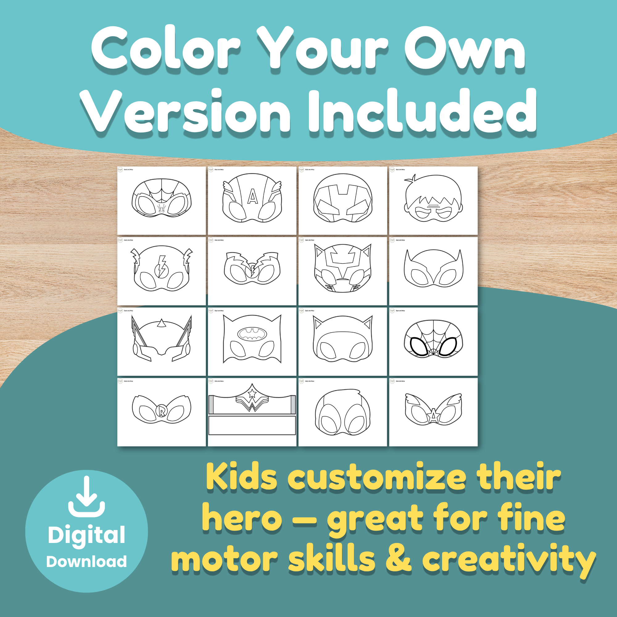 Black and white printable superhero masks for kids to color their own — fine motor and creativity activity