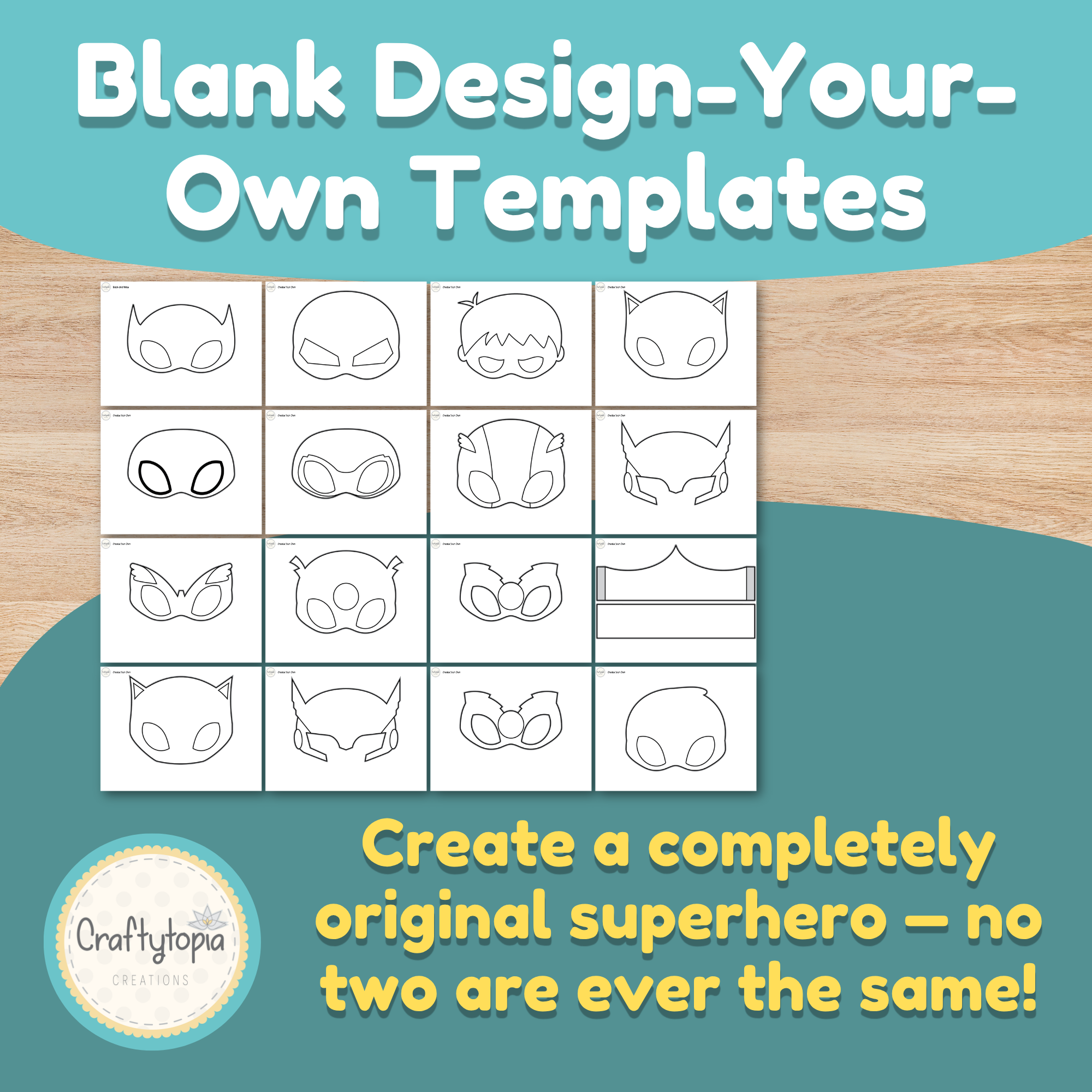 Blank design-your-own superhero mask templates — kids create an original superhero character