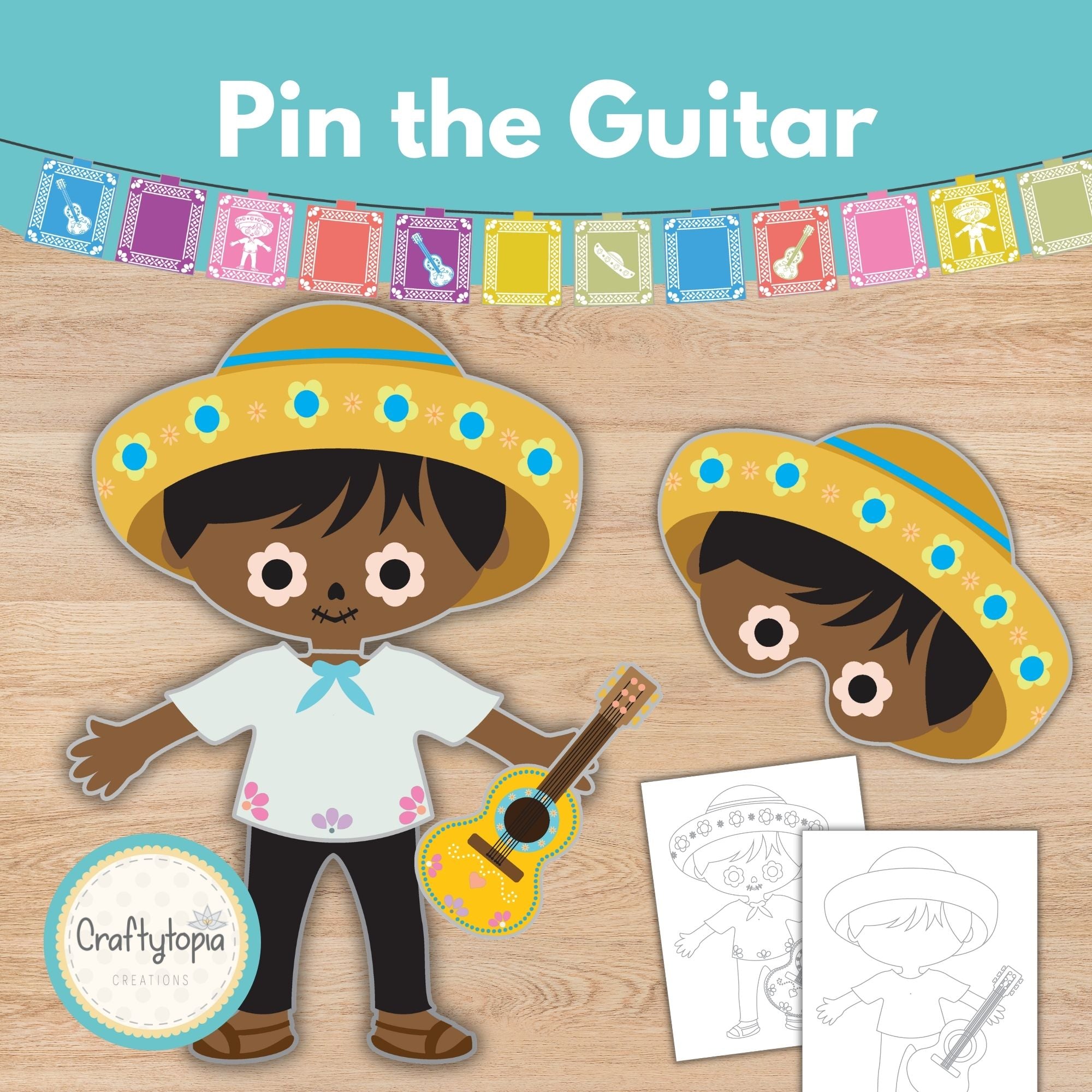 Printable Pin the Guitar – Día de los Muertos Game for Kids