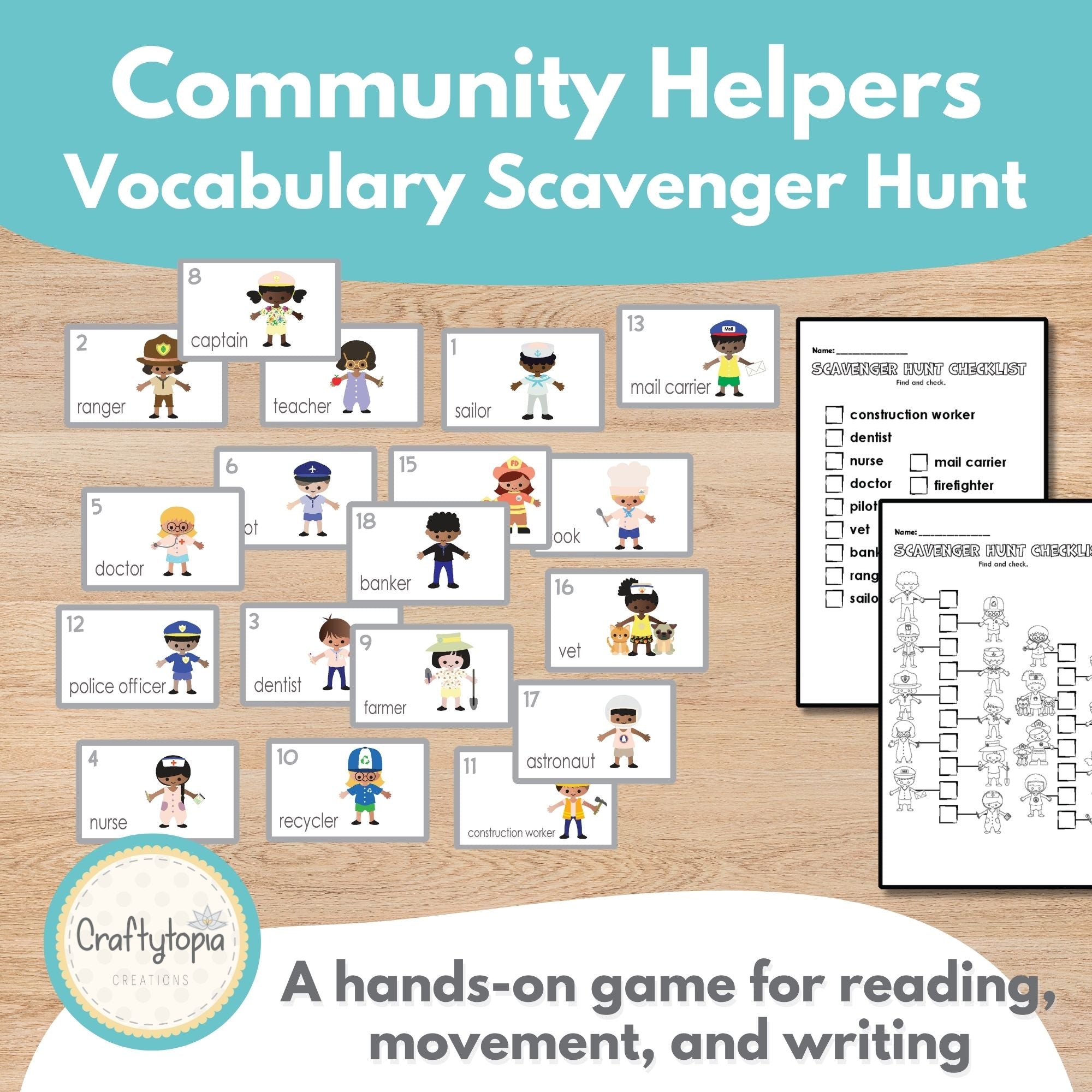 Printable Community Helpers Flashcards and Scavenger Hunt 