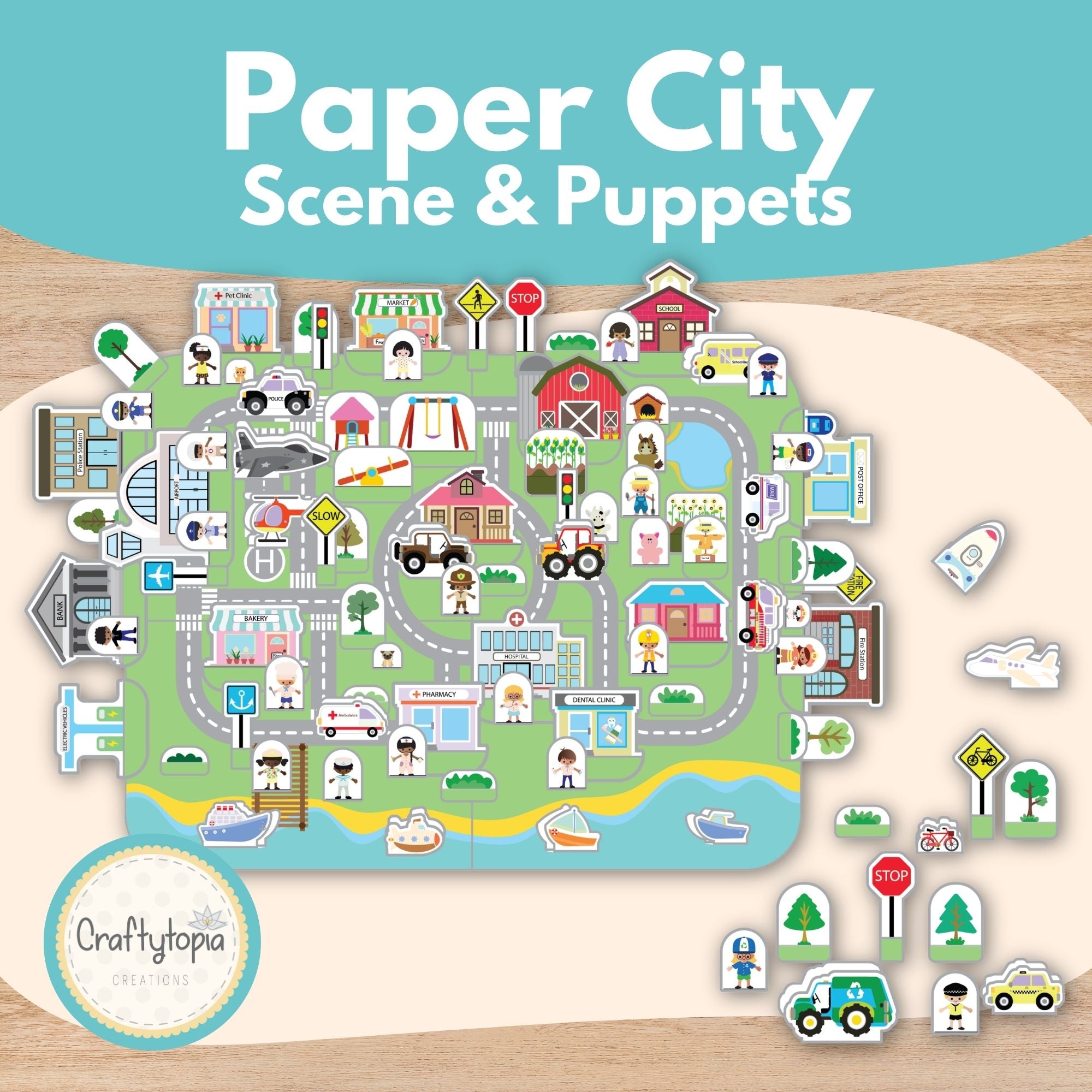 Printable 3D Paper City Puppets Scene Kids Activity
