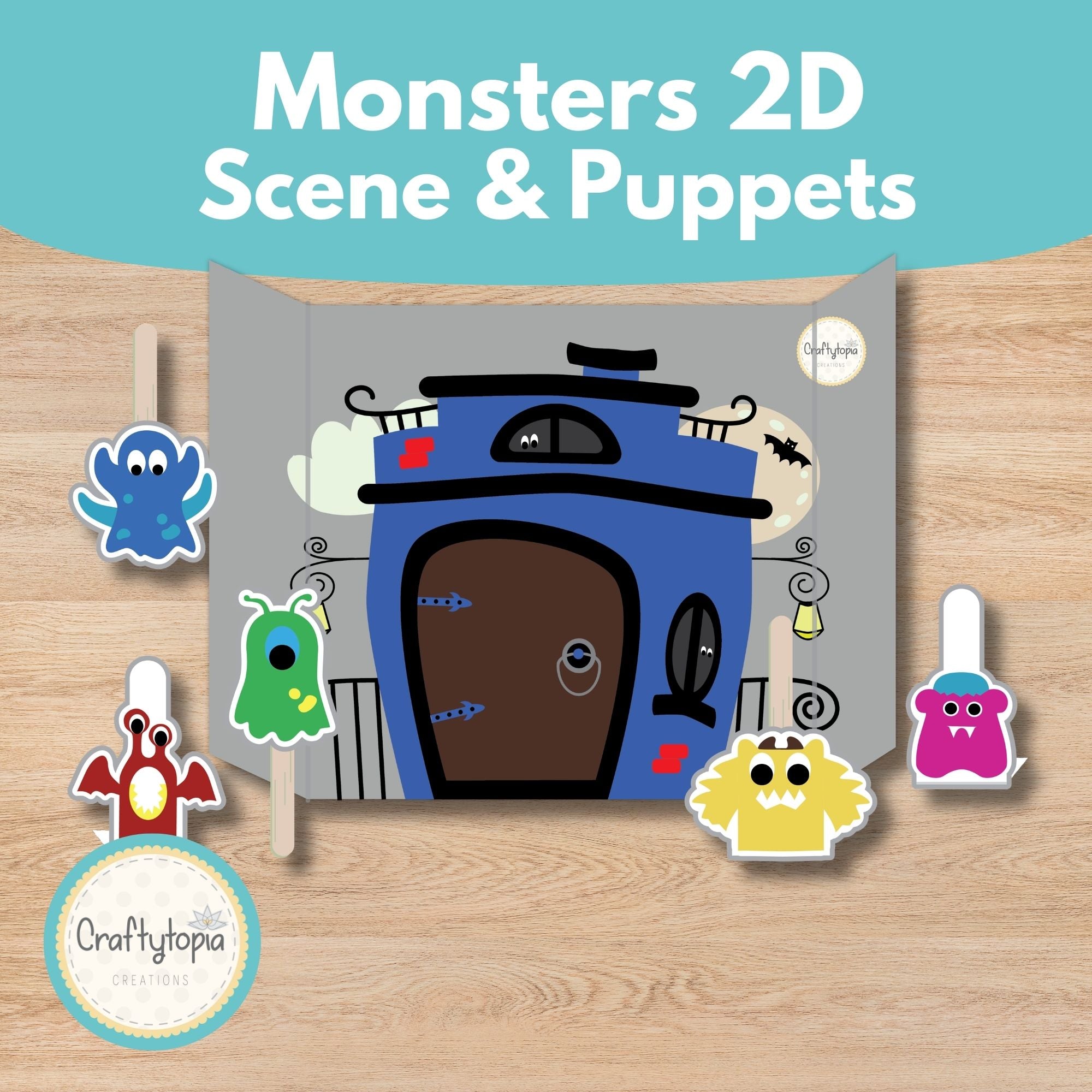 Printable Friendly Monster Puppets 2D Scene Kids Activity