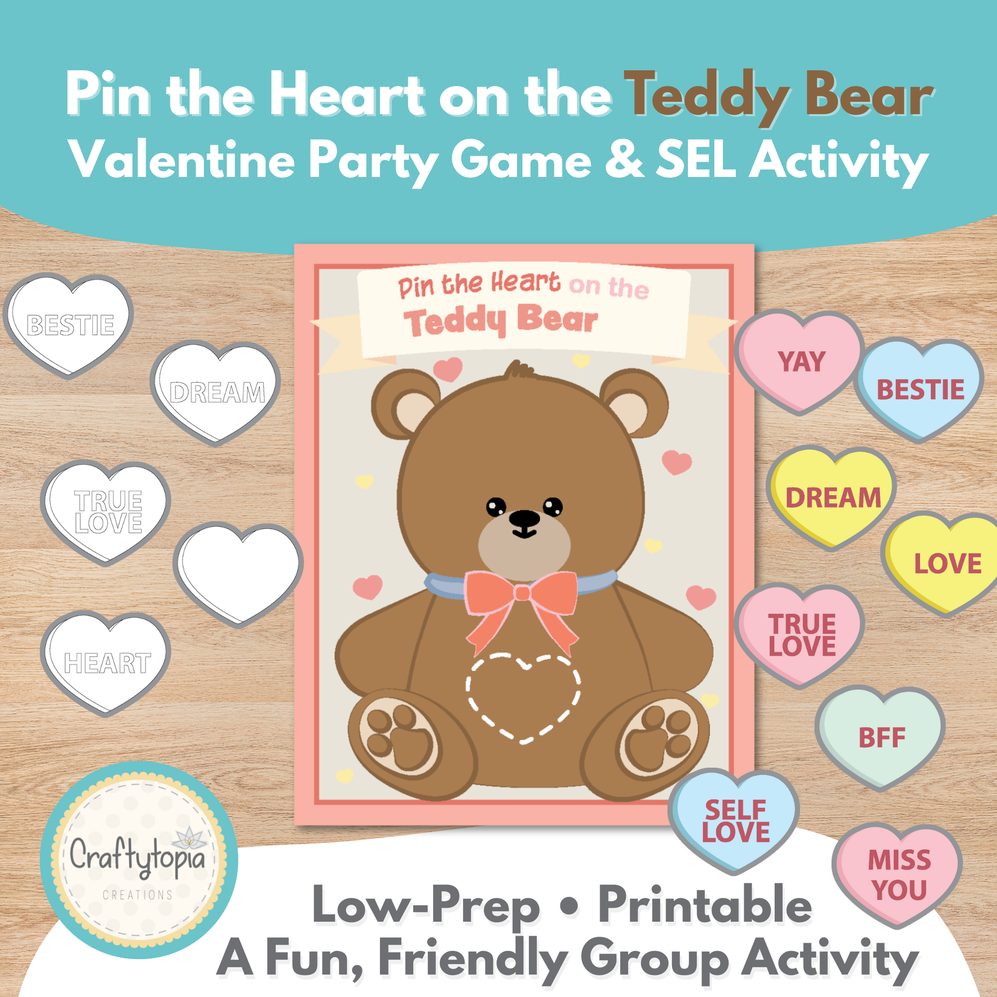 Printable Pin the Heart on the Teddy Bear Kids Game