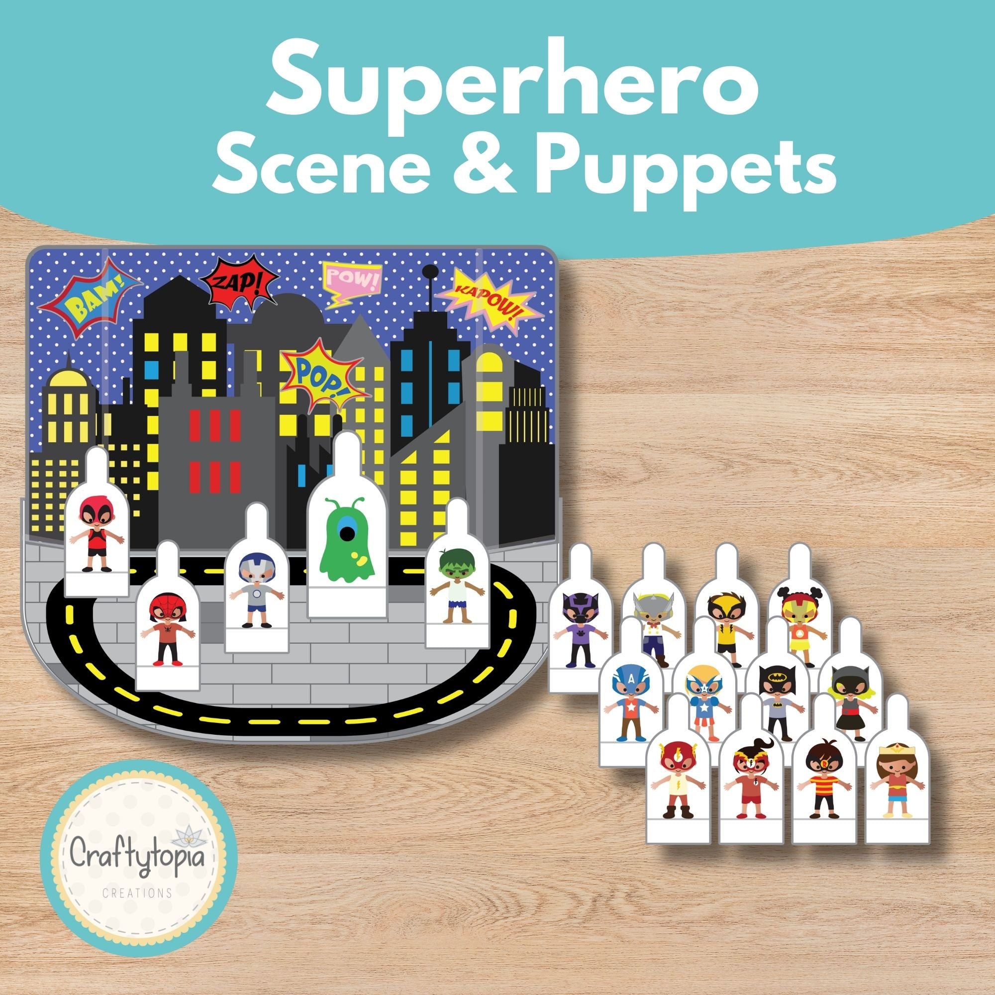 Printable Superhero Scene and Puppets Kids Storytelling Activity