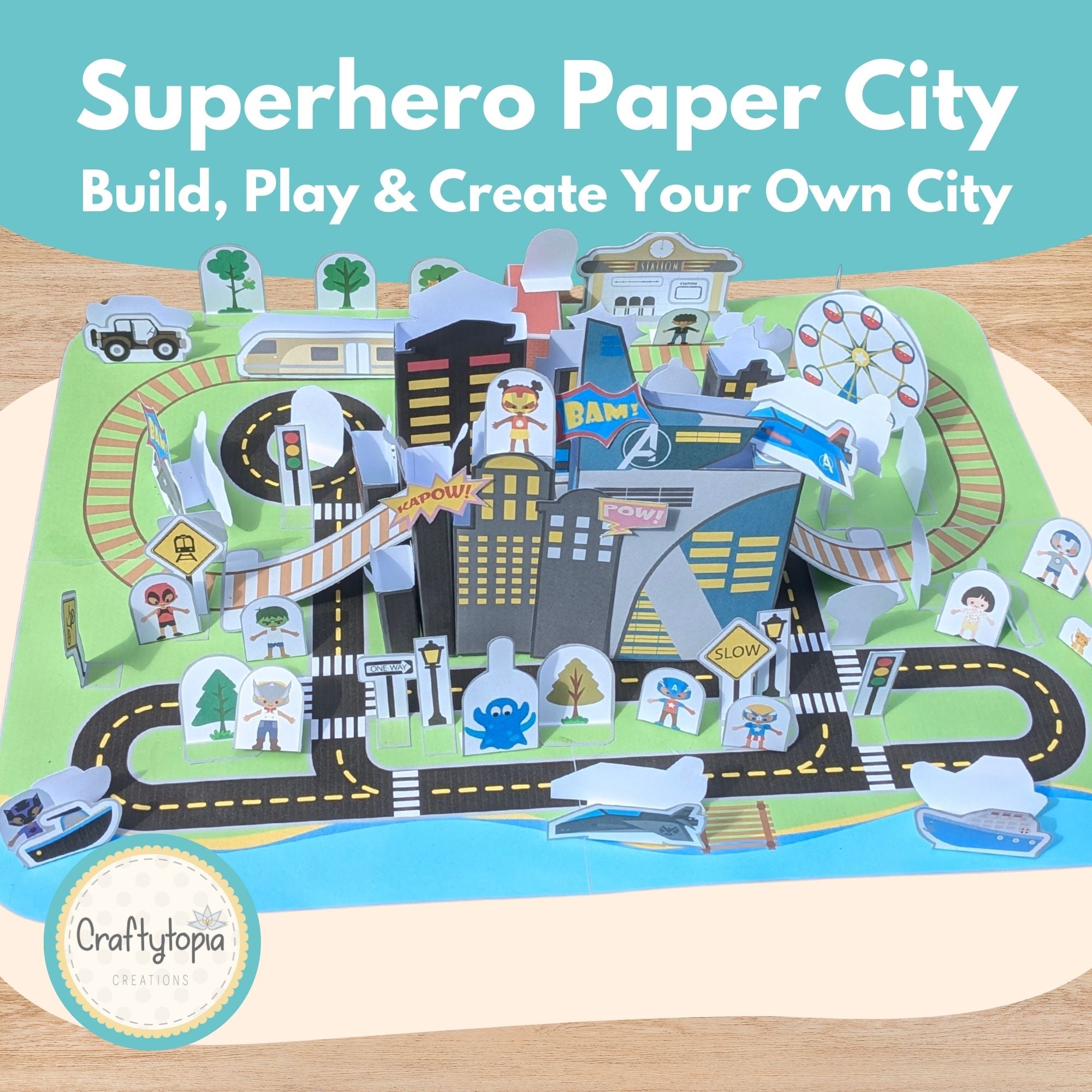 Printable 3D Superhero Paper City Puppets Scene Kids Activity 
