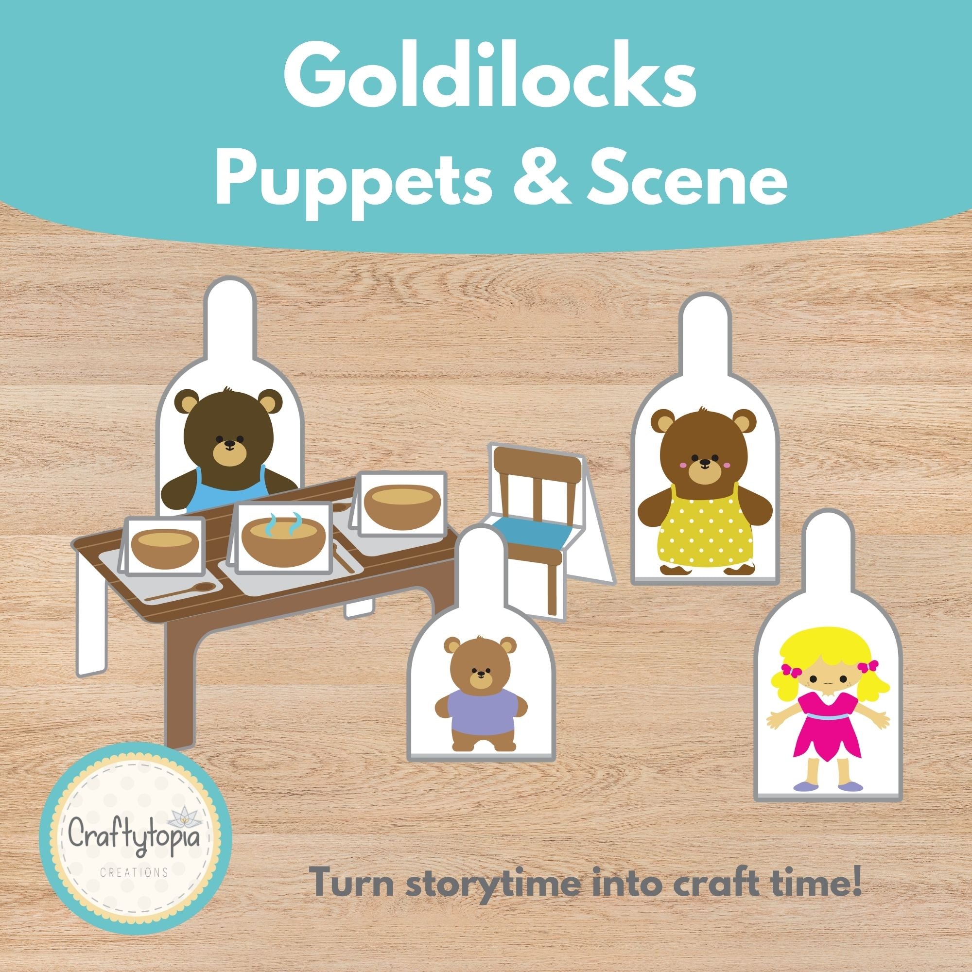 Printable Goldilocks and Three Bears Puppets Scene Kids Activity