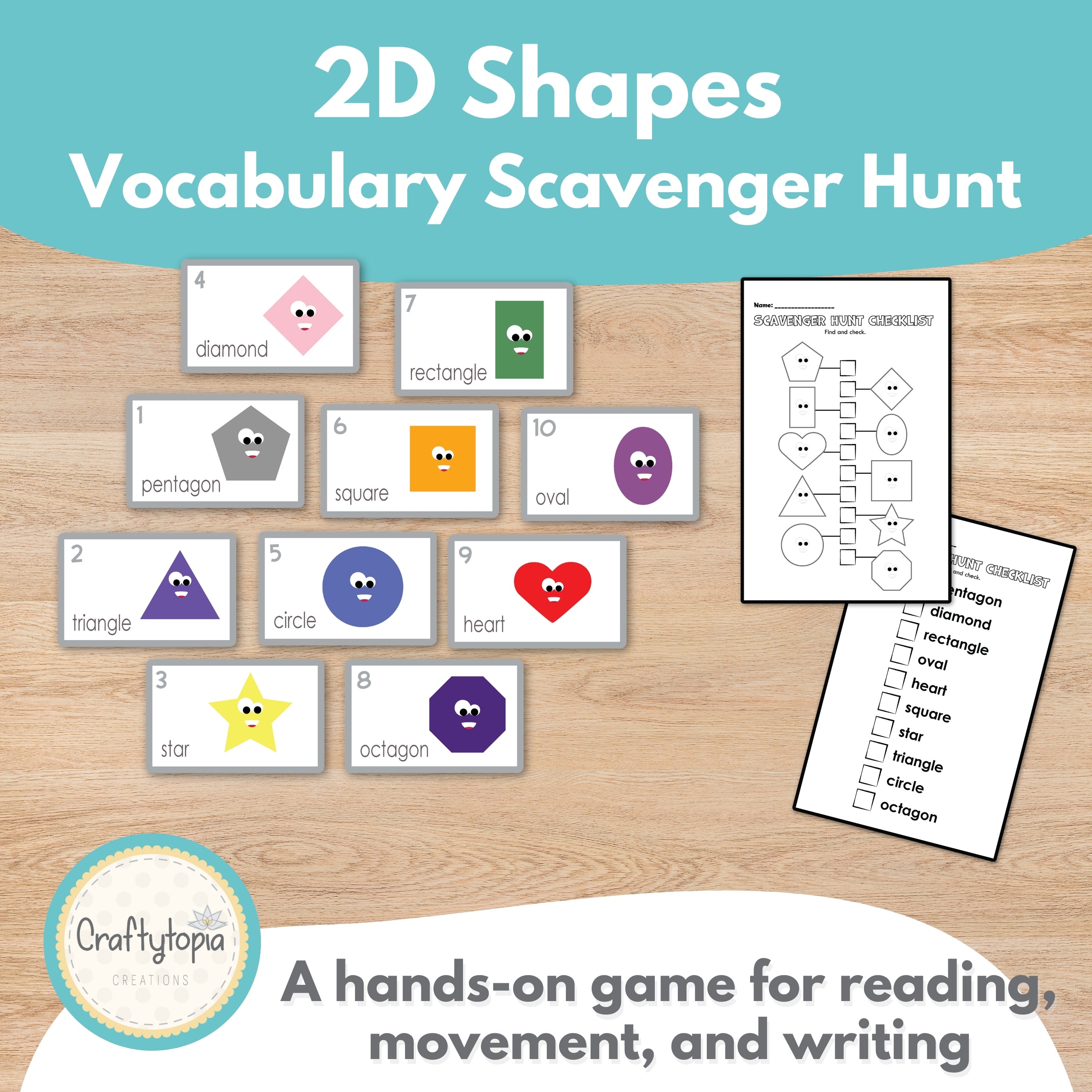 Printable 2D Shapes Flashcards and Scavenger Hunt Kids Activity