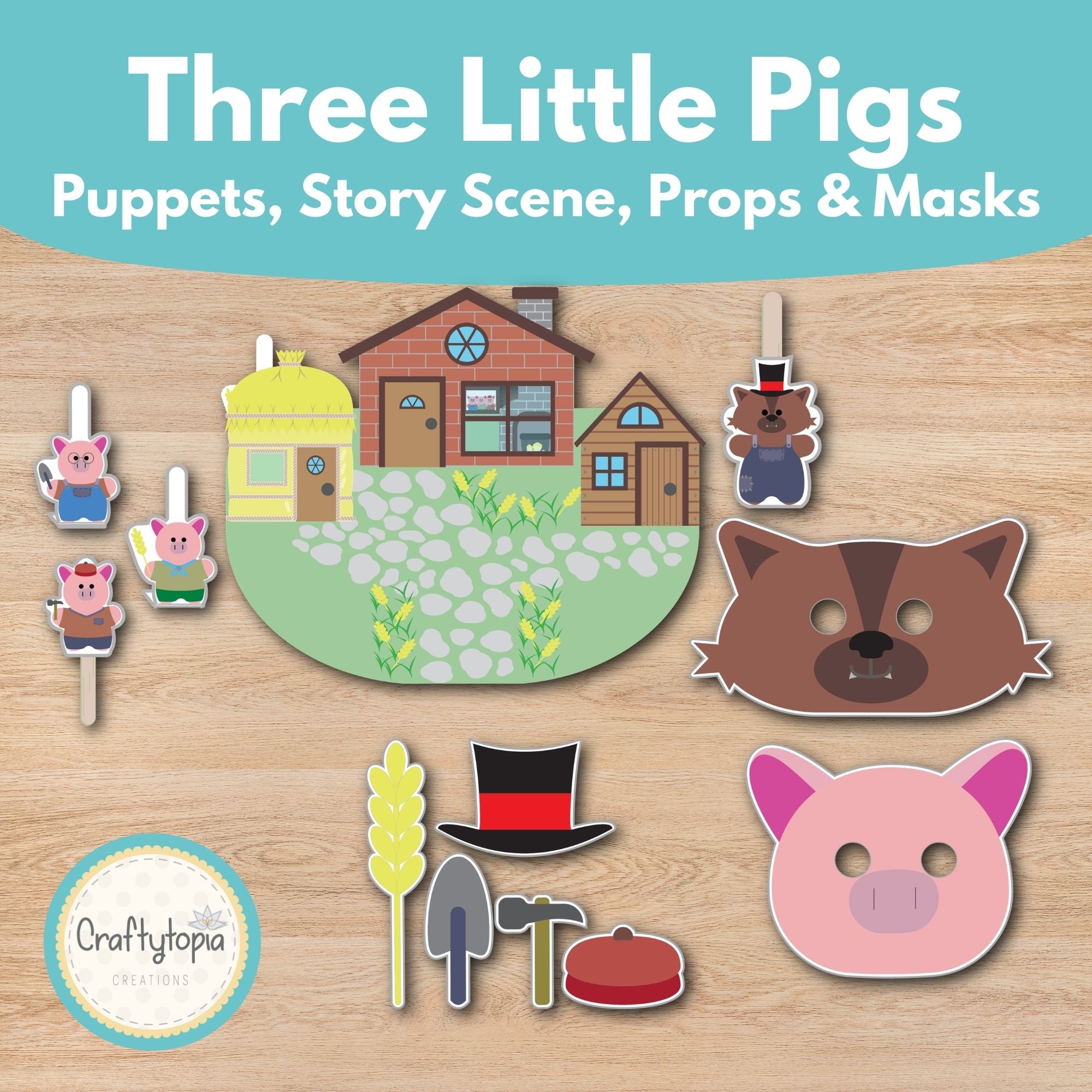 Printable Three Little Pigs Puppets Scene Kids Activity