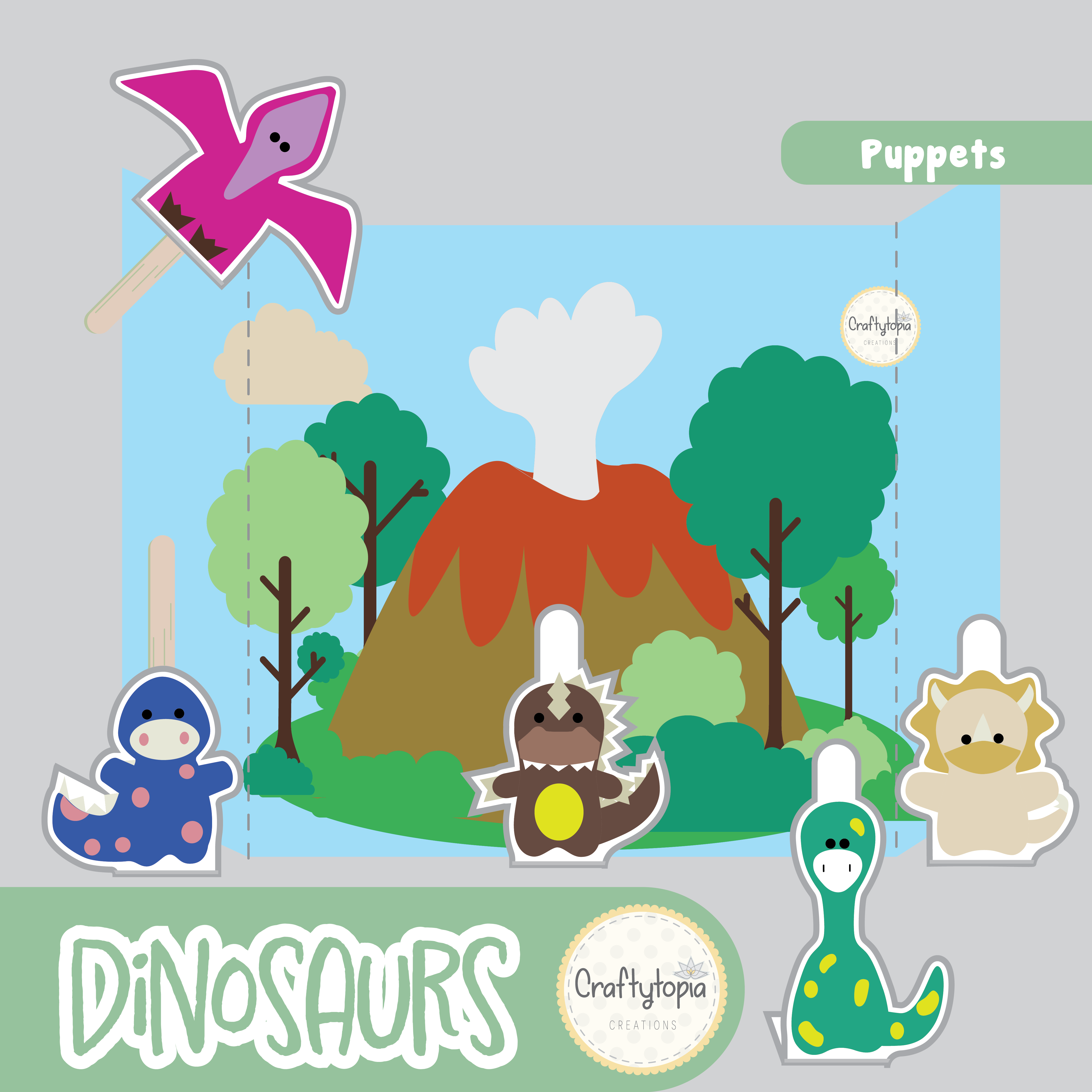 Printable Dinosaurs Puppets 2D Scene Activity for Kids