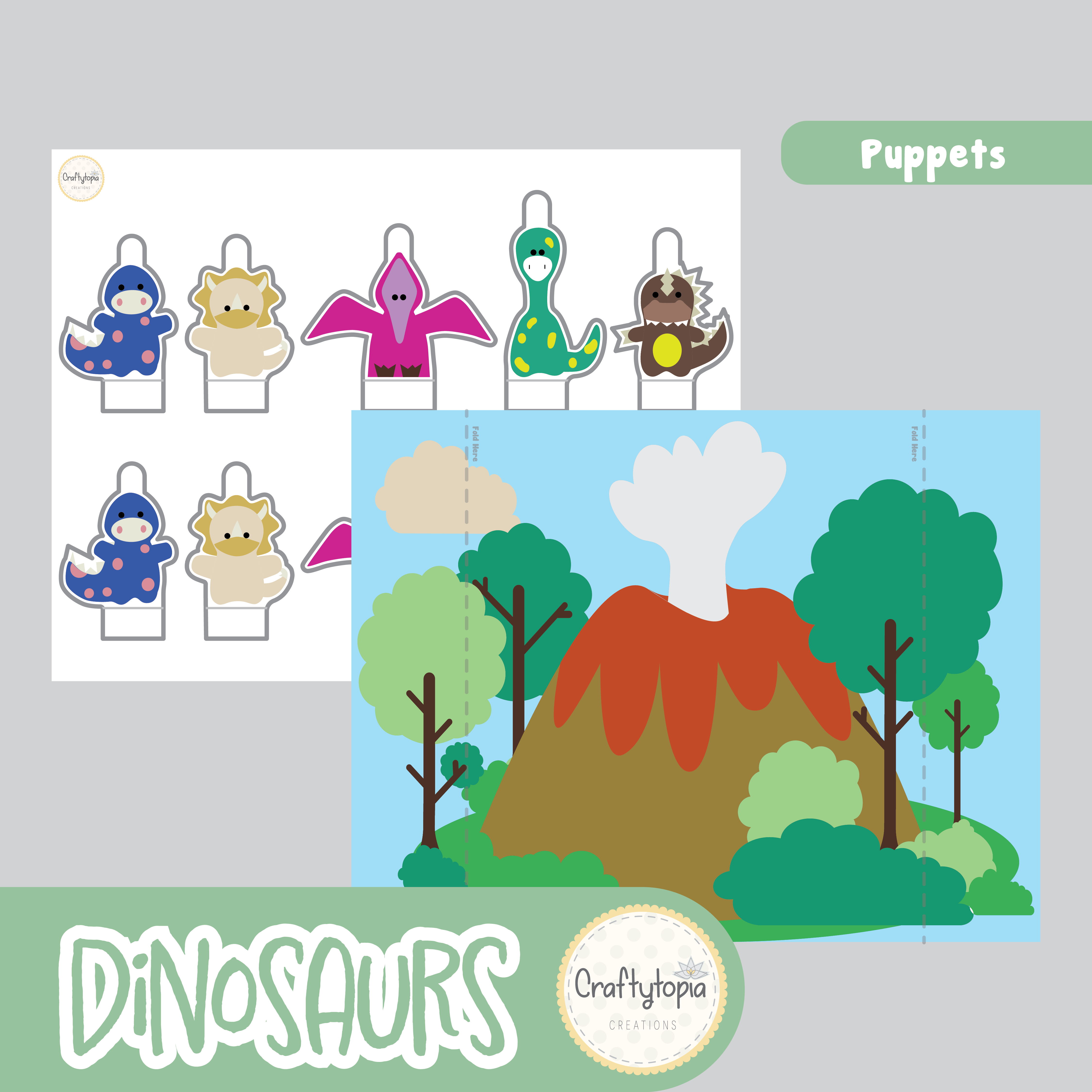 Printable Dinosaurs Puppets 2D Scene Activity for Kids in color