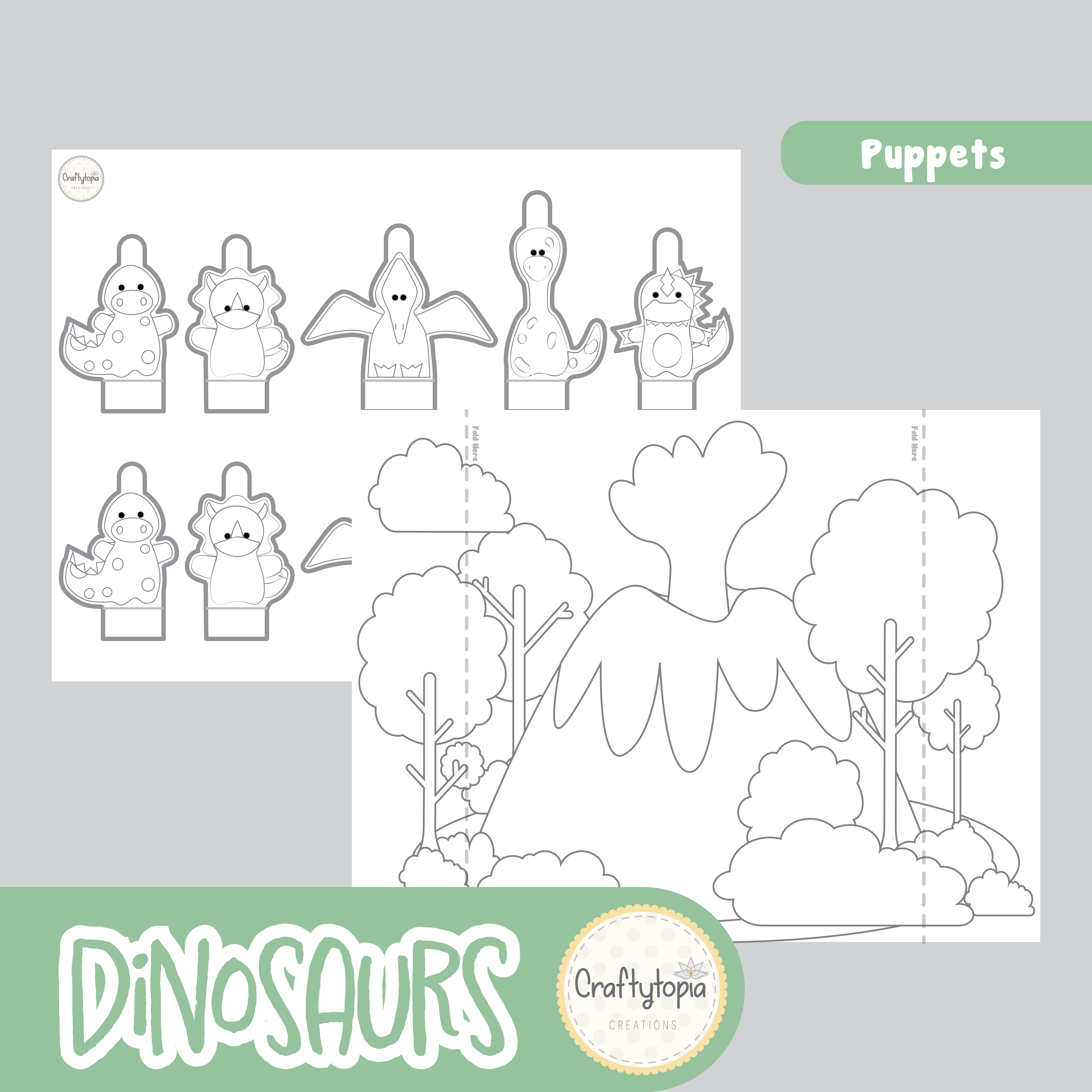 Printable Dinosaurs Puppets 2D Scene Activity for Kids for coloring