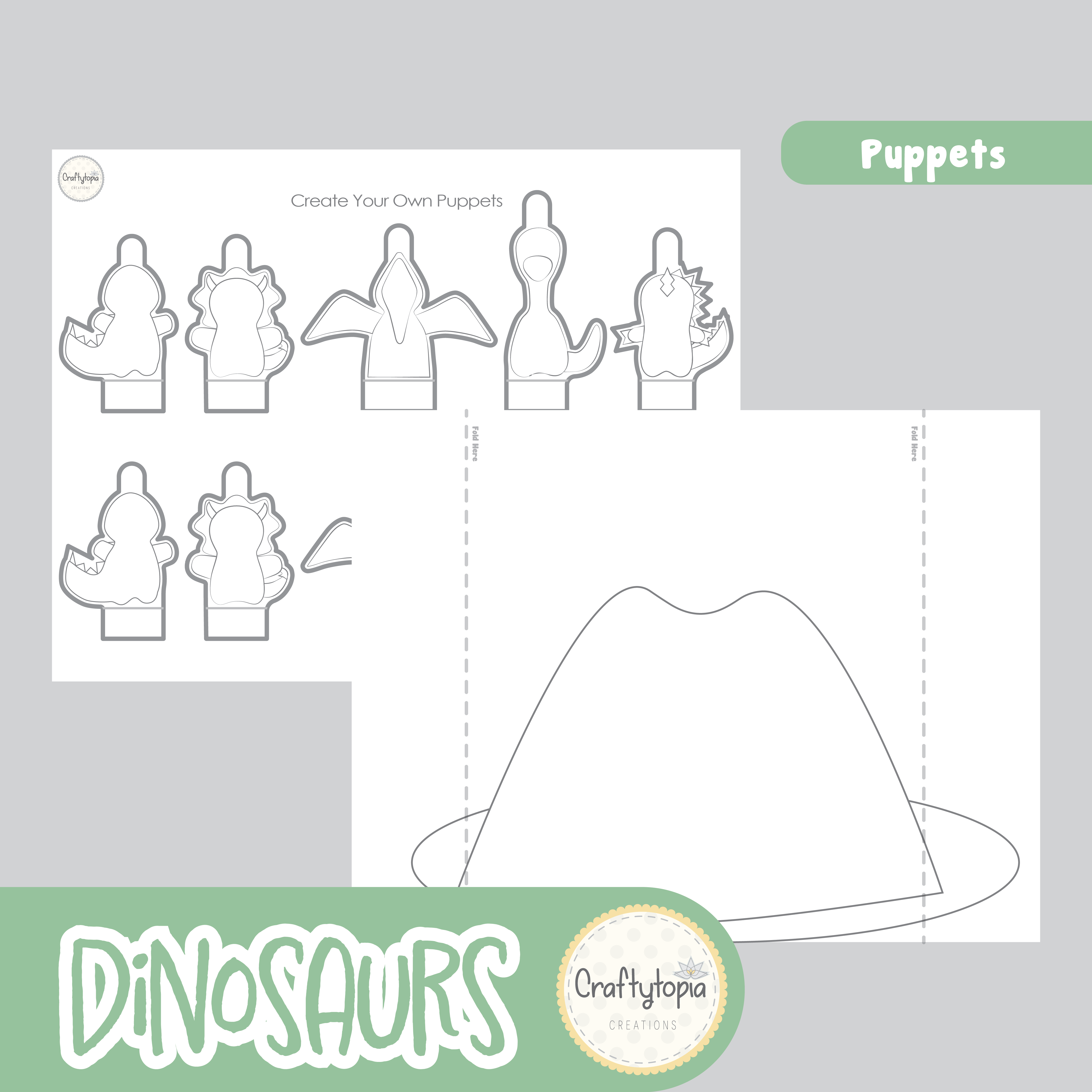Printable Dinosaurs Puppets 2D Scene Activity for Kids for coloring
