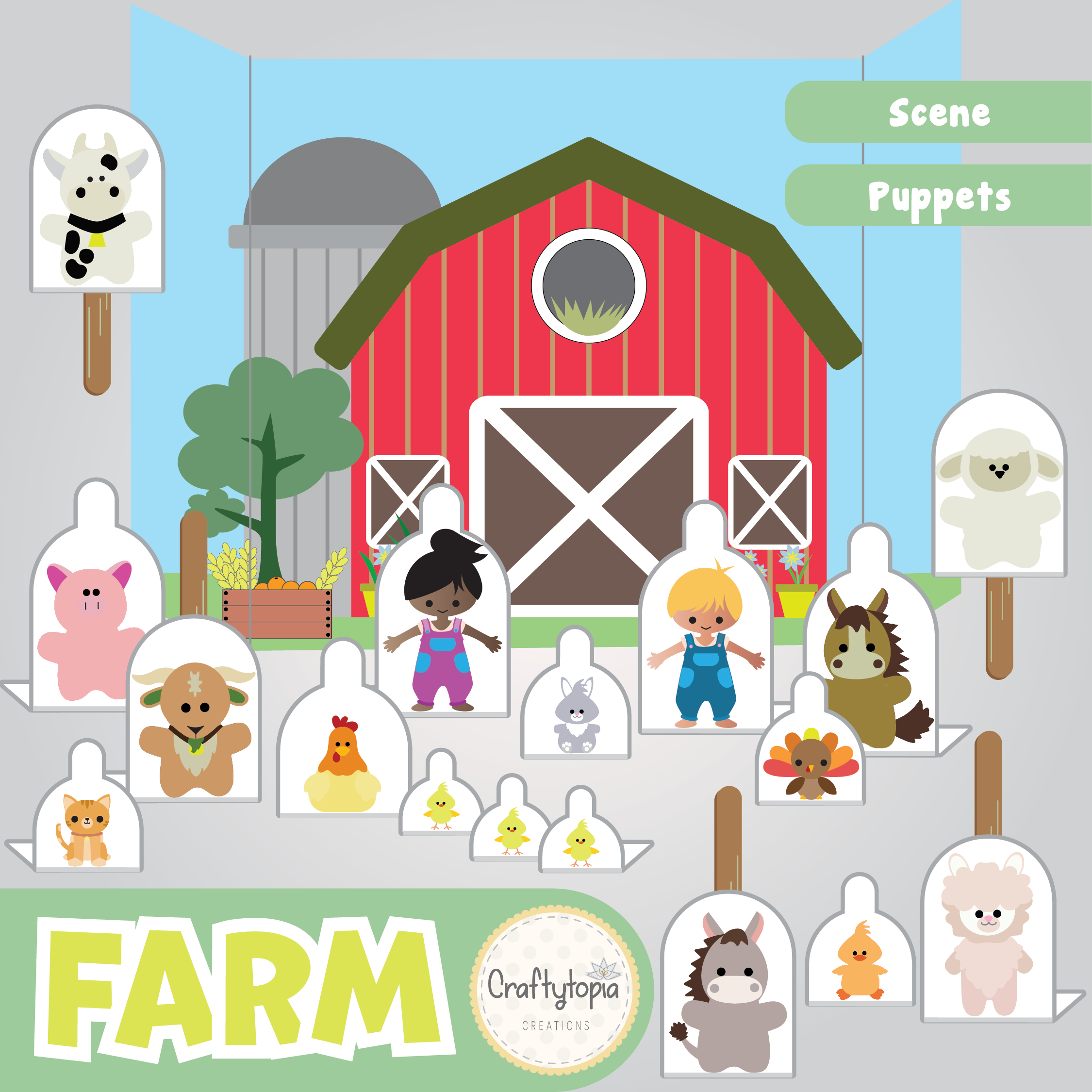 Printable Farm Puppets Scene Kids Activity