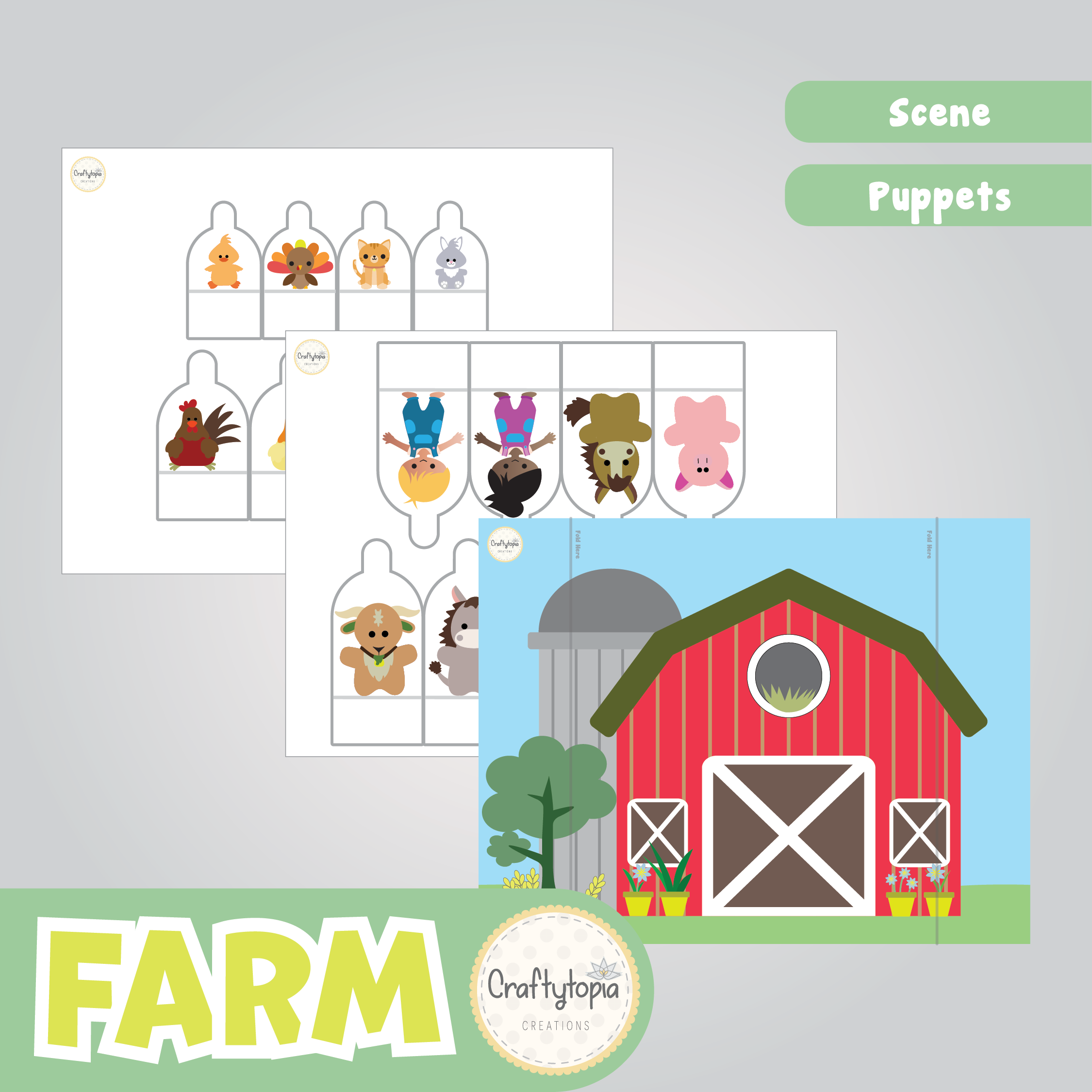Printable Farm Puppets Scene Kids Activity in color
