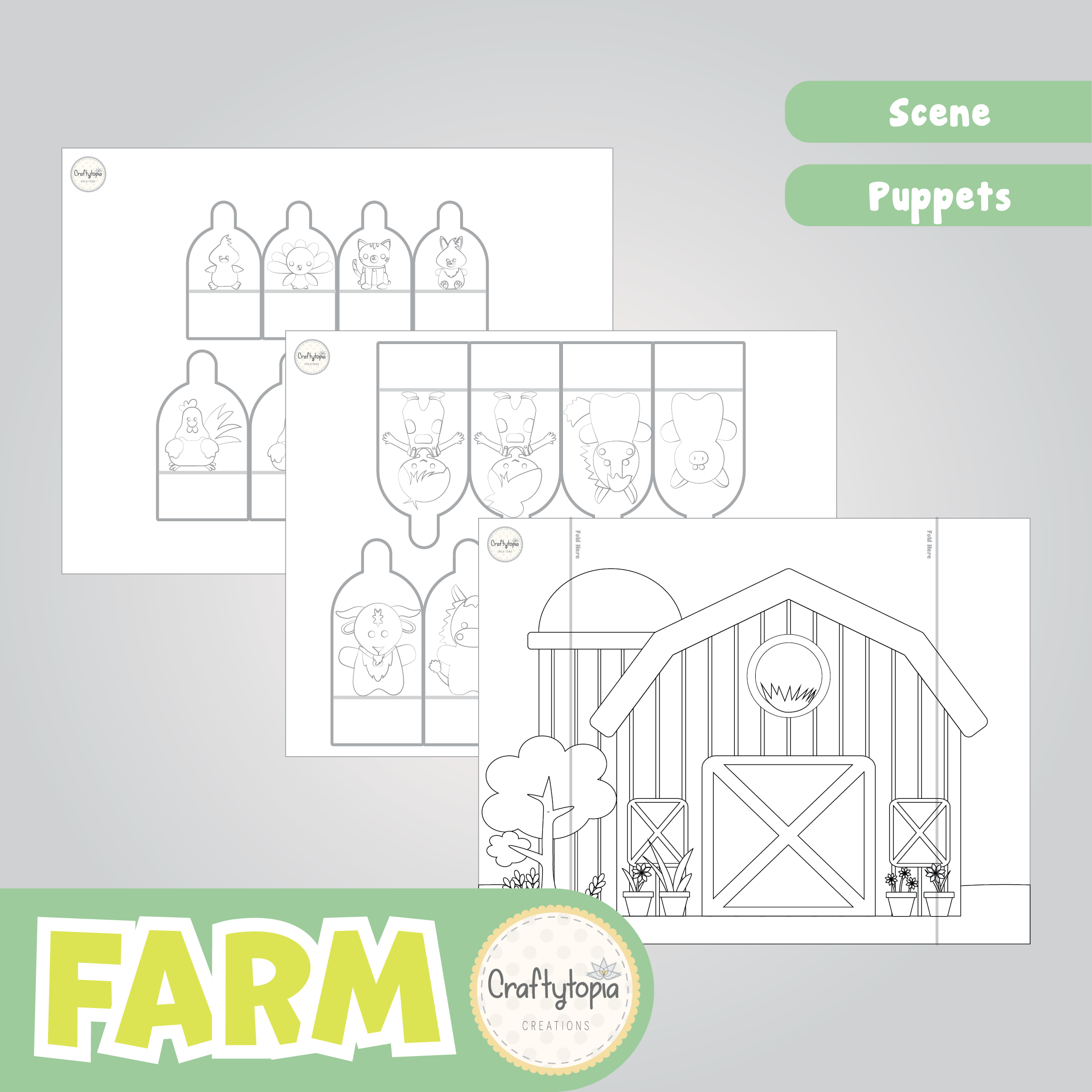 Printable Farm Puppets Scene Kids Activity for coloring