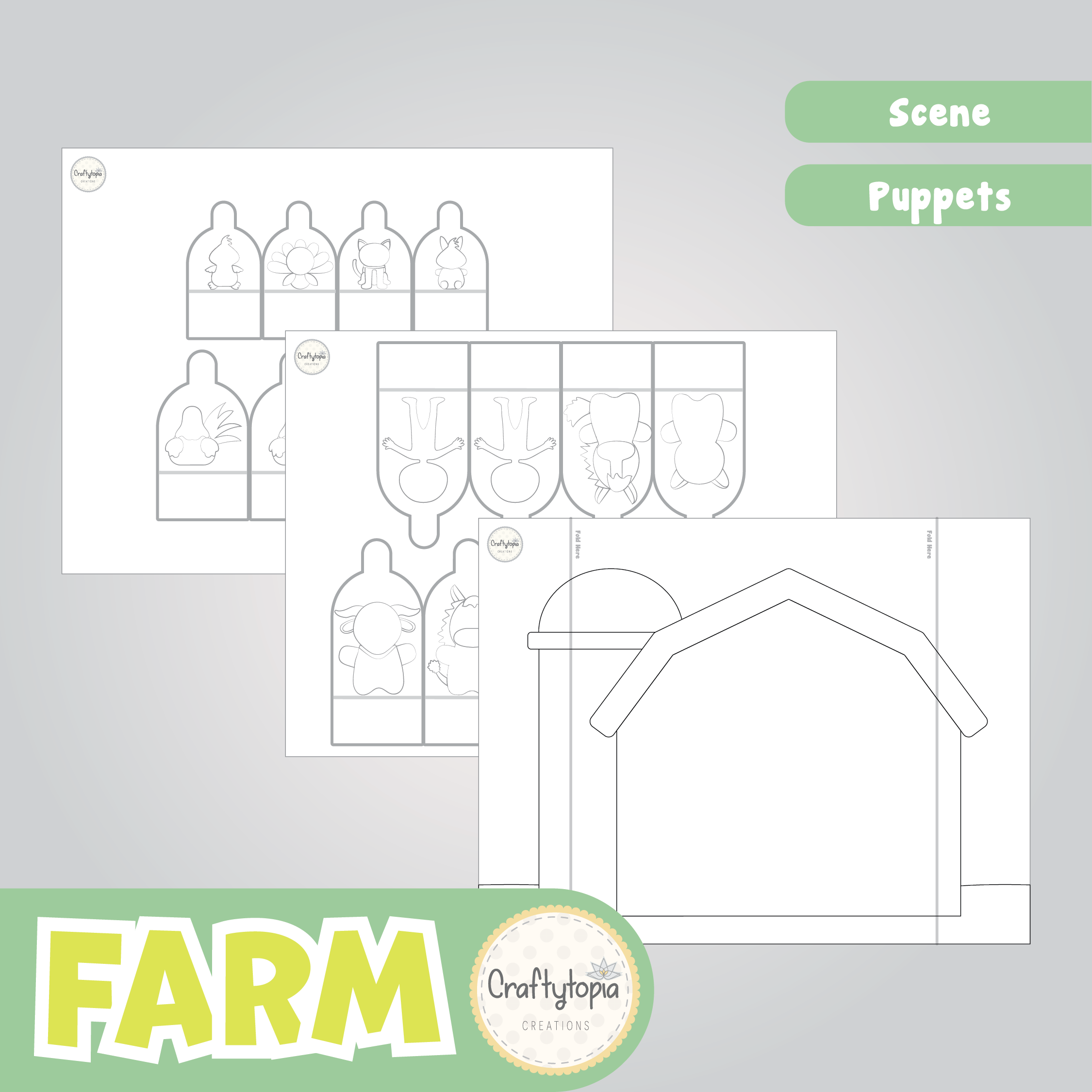 Printable Farm Puppets Scene Kids Activity templates