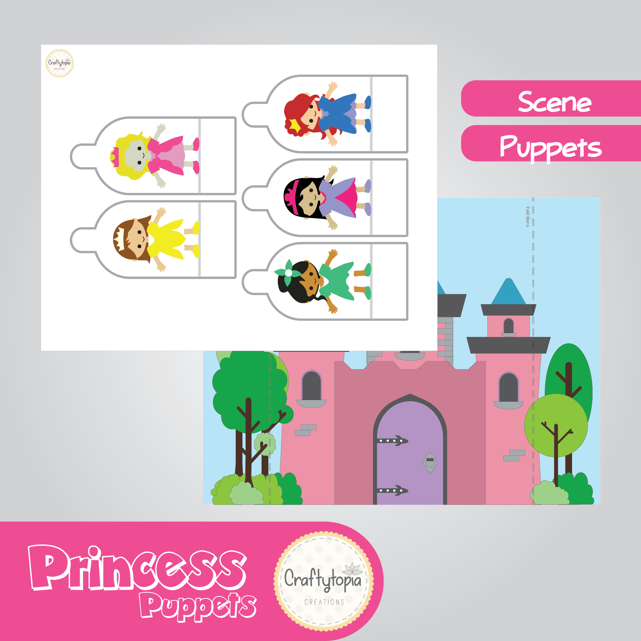 Printable Princess Puppets 2D Scene Kids Activity in color