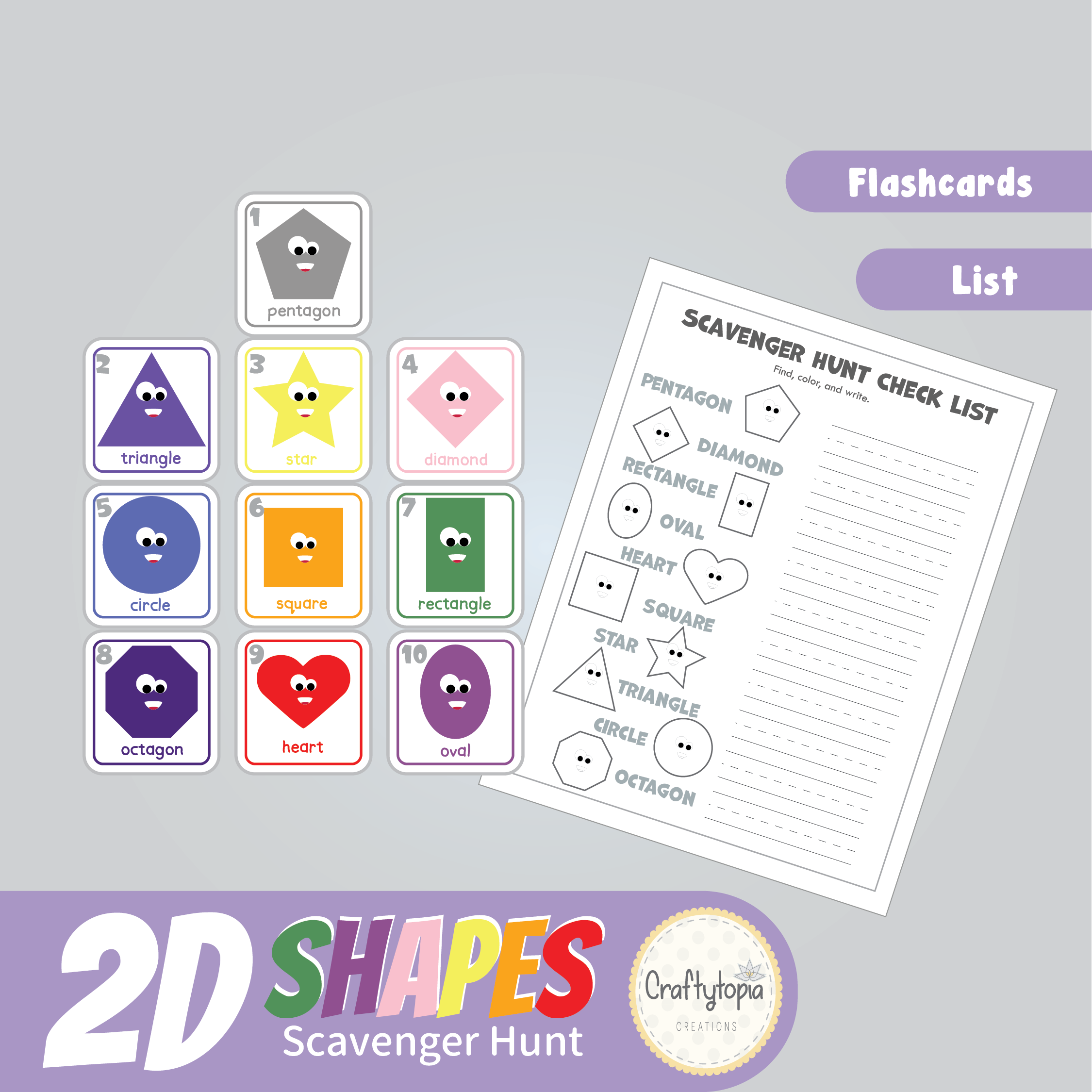 Printable 2D Shapes Flashcards and Scavenger Hunt 