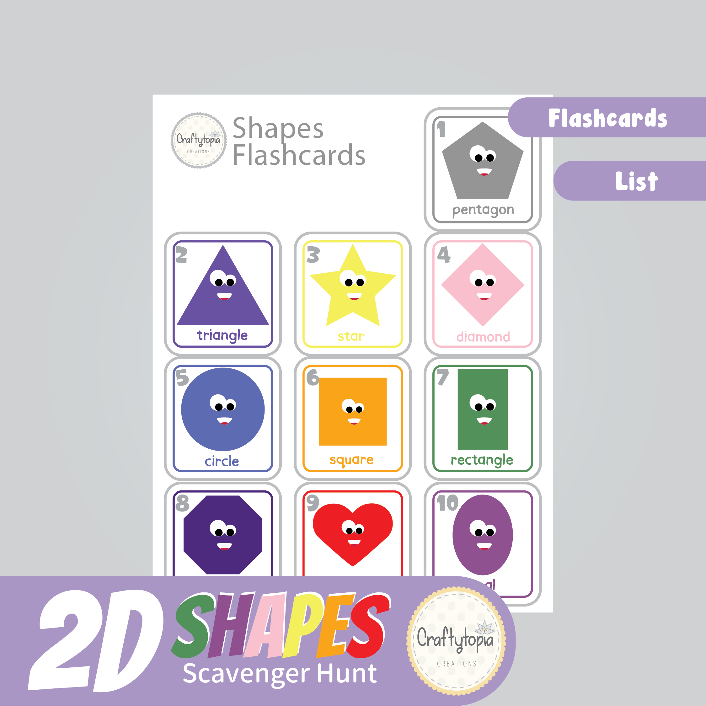 Printable 2D Shapes Flashcards and Scavenger Hunt in color