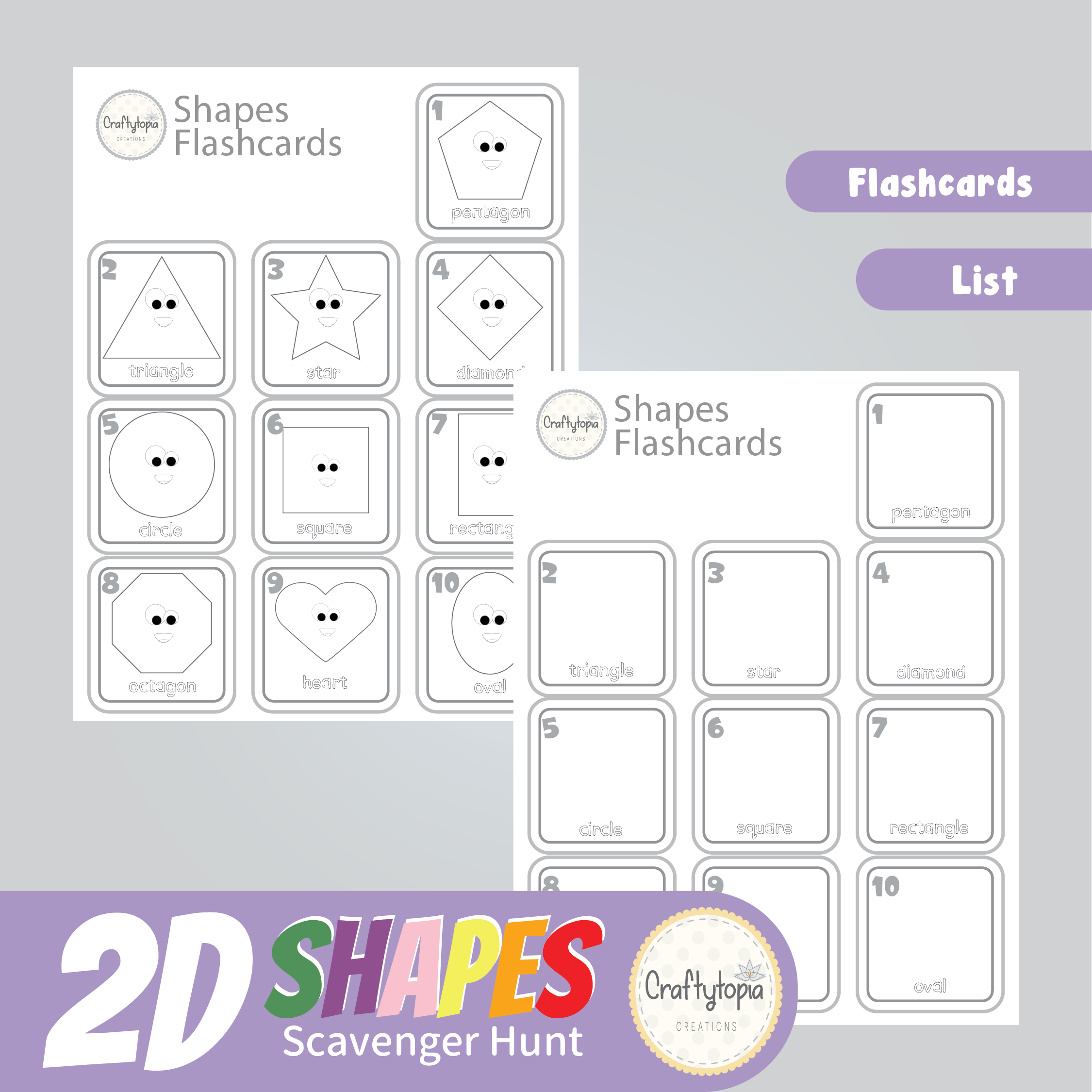 Printable 2D Shapes Flashcards and Scavenger Hunt for coloring