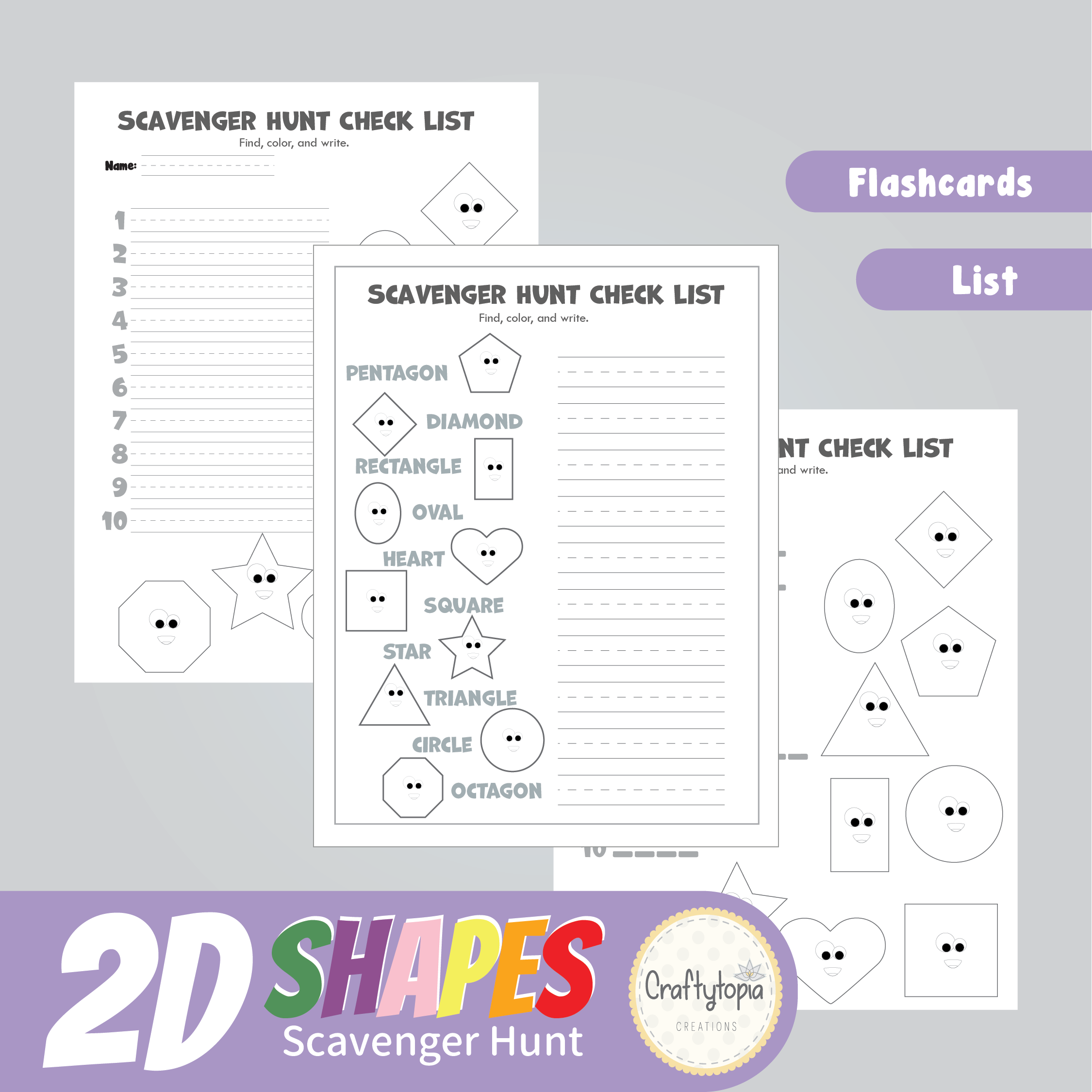 Printable 2D Shapes Flashcards and Scavenger Hunt Lists