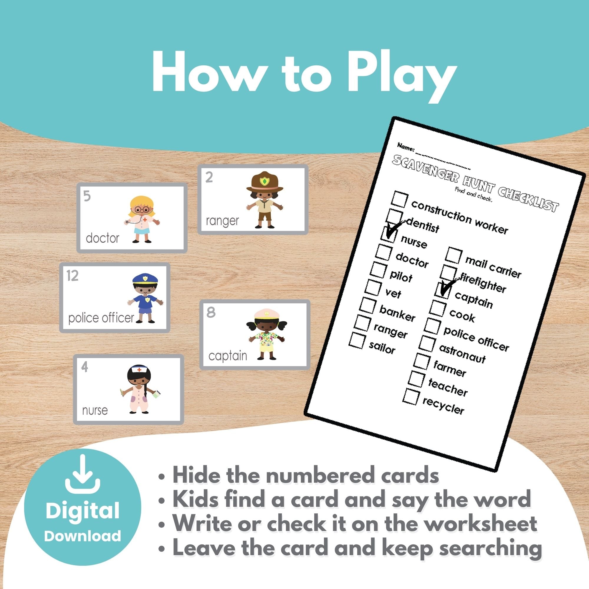 Printable Community Helpers Flashcards and Scavenger Hunt 