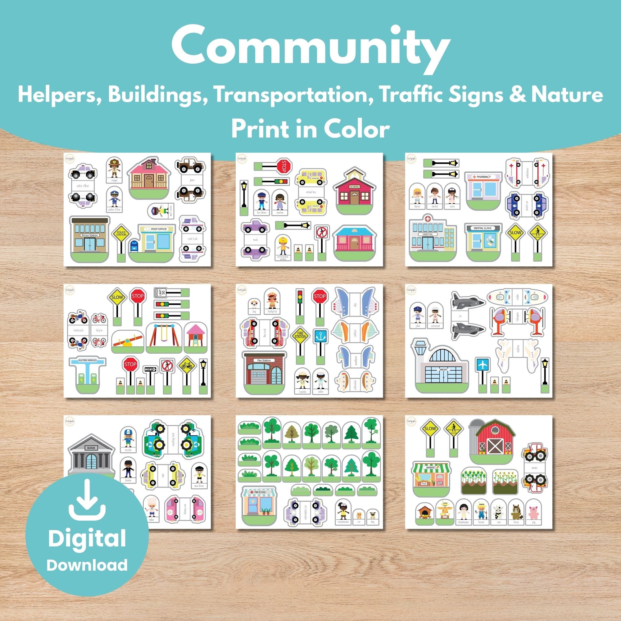 Printable 3D Paper City Puppets Scene Kids Activity