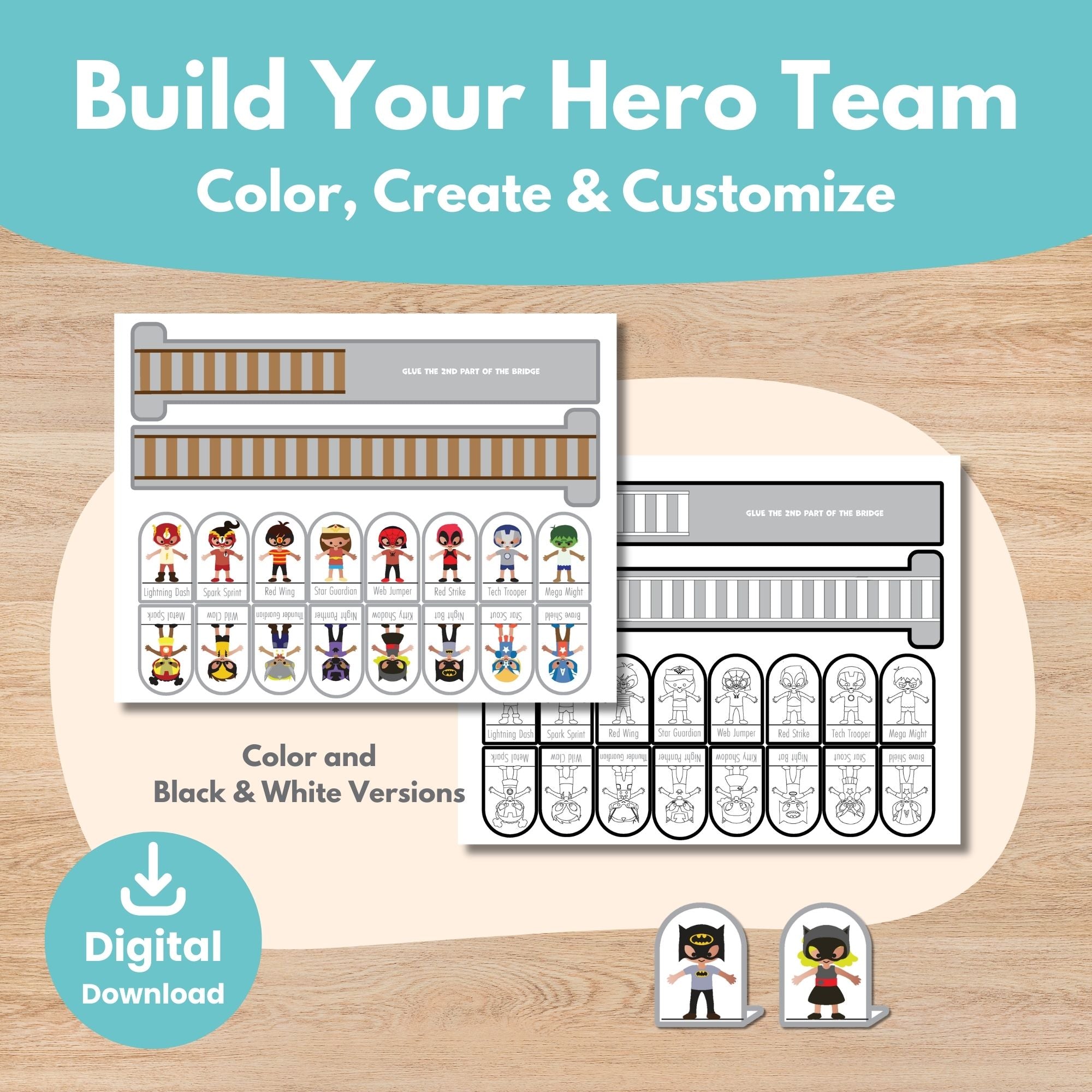 Printable 3D Superhero Paper City Puppets Scene Kids Activity for coloring