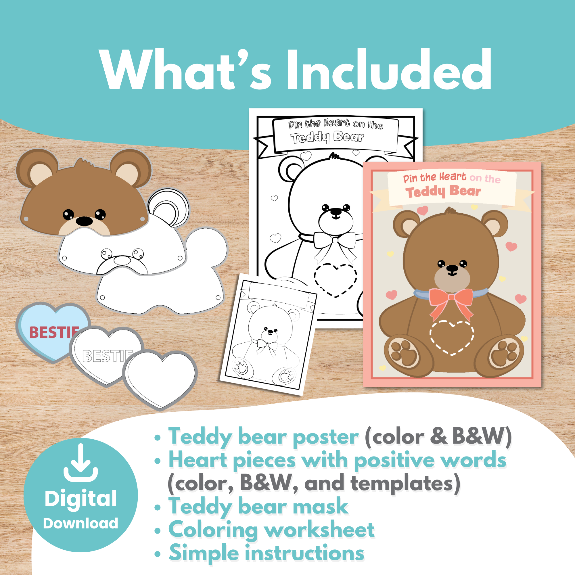 Printable Pin the Heart on the Teddy Bear Kids Game for coloring