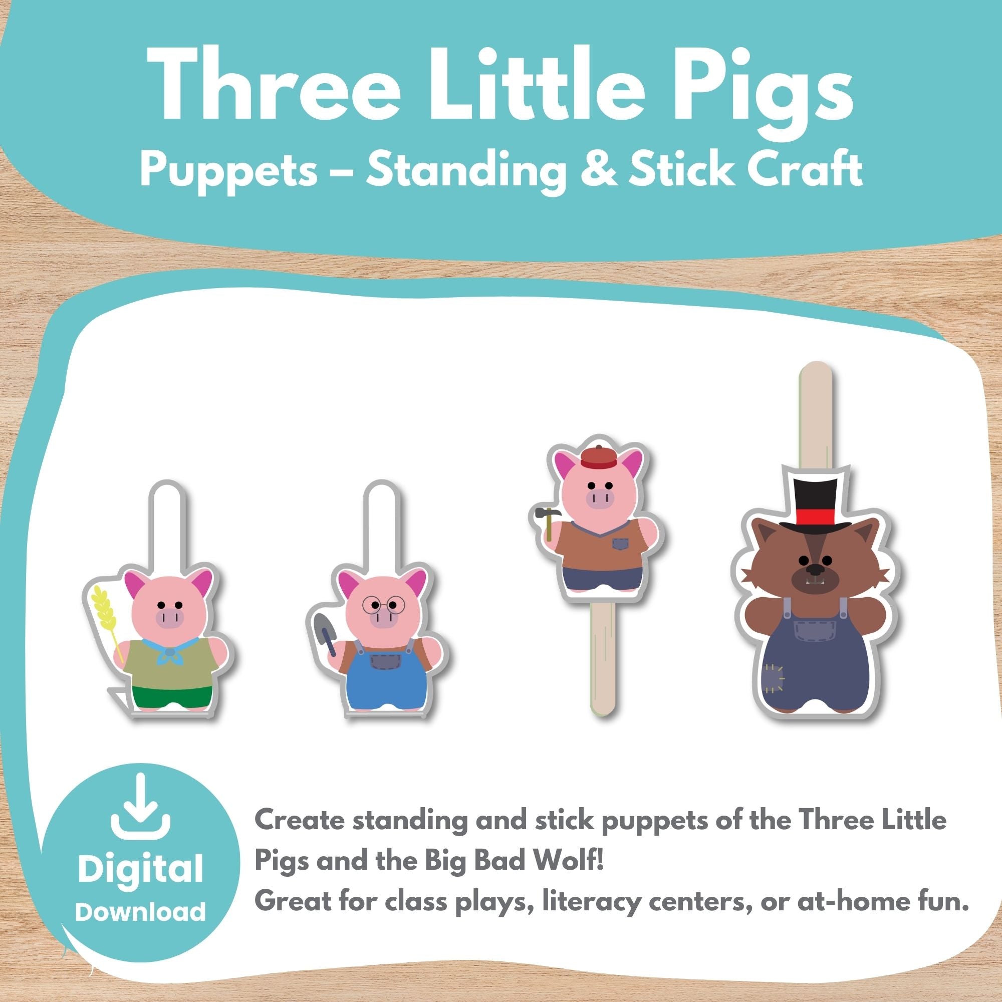 Printable Three Little Pigs Puppets Scene Kids Activity
