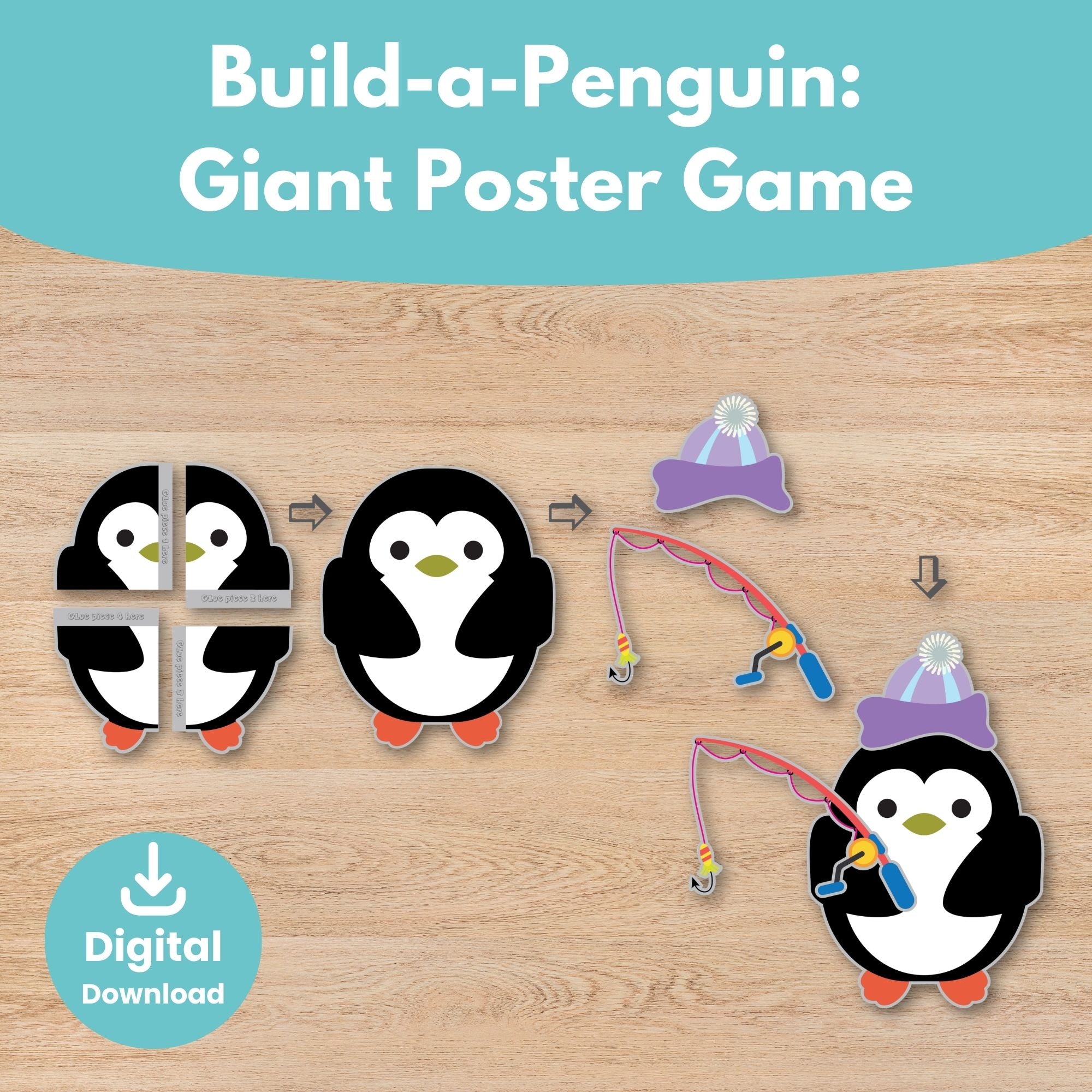 Printable Pin the Fish on the Penguin's Fishing Rod Kids Game