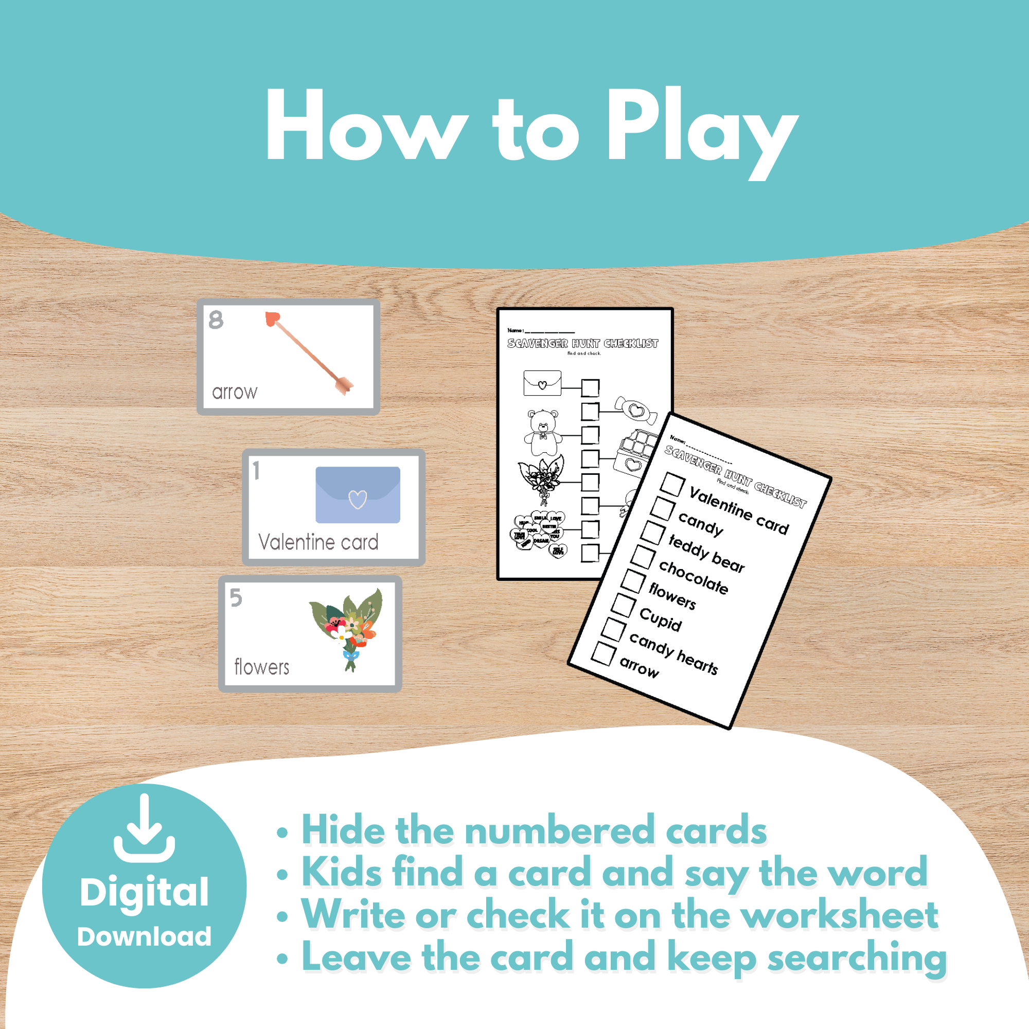 Printable Valentine Flashcards and Scavenger Hunt Kids Activity