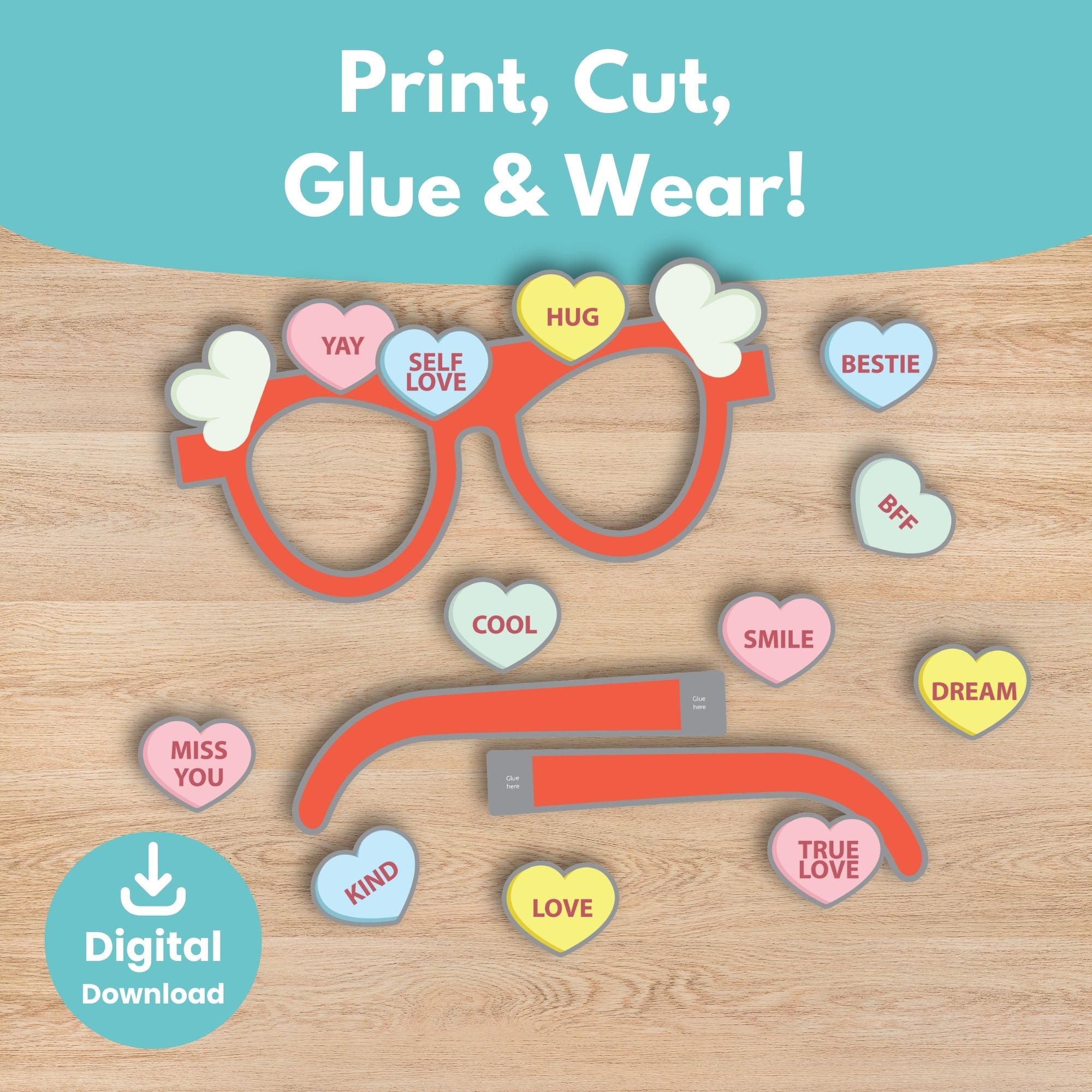 Printable Valentine Giant Candy Hearts Glasses Kids Activity