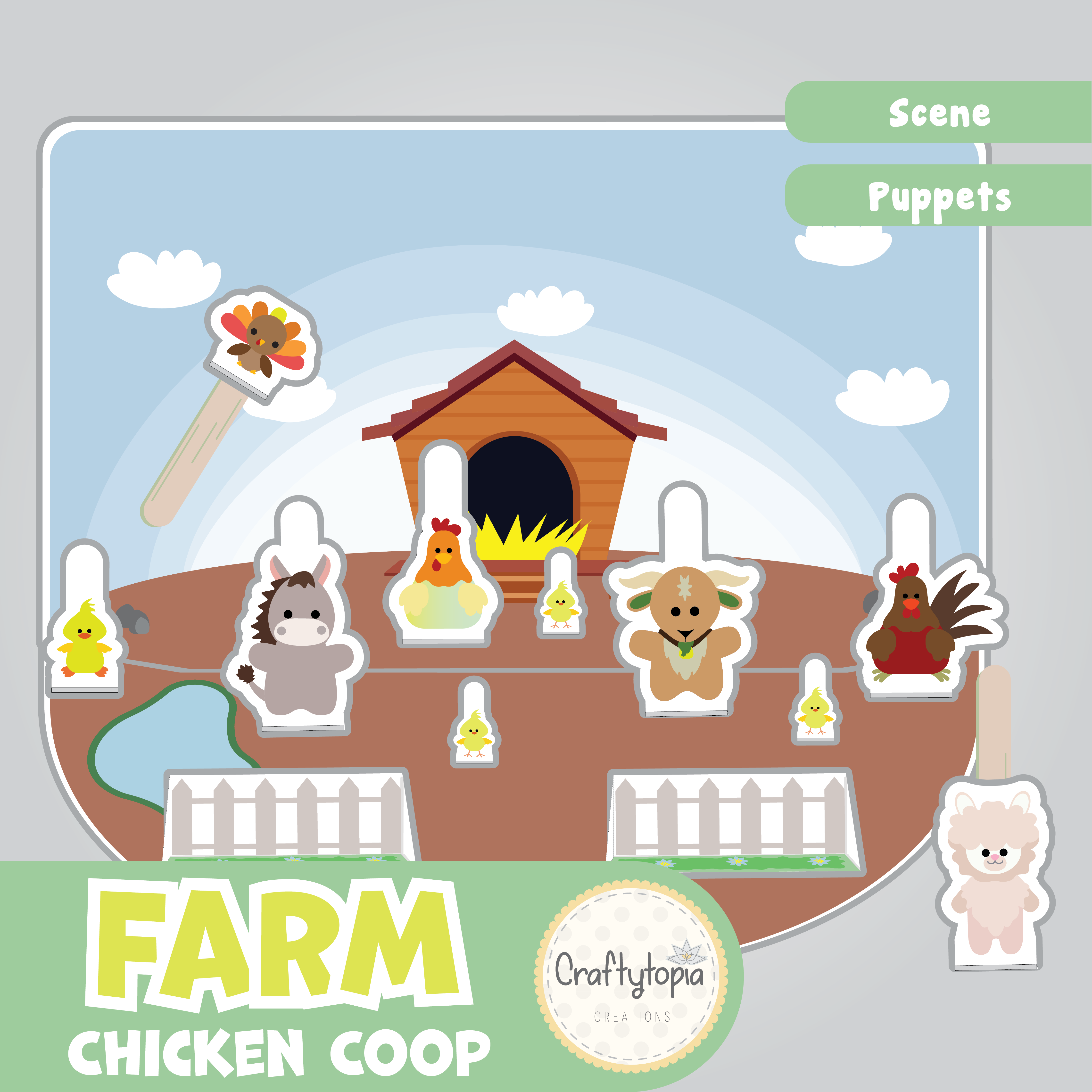 Printable Chicken Coop Scene Puppets Kids Activity