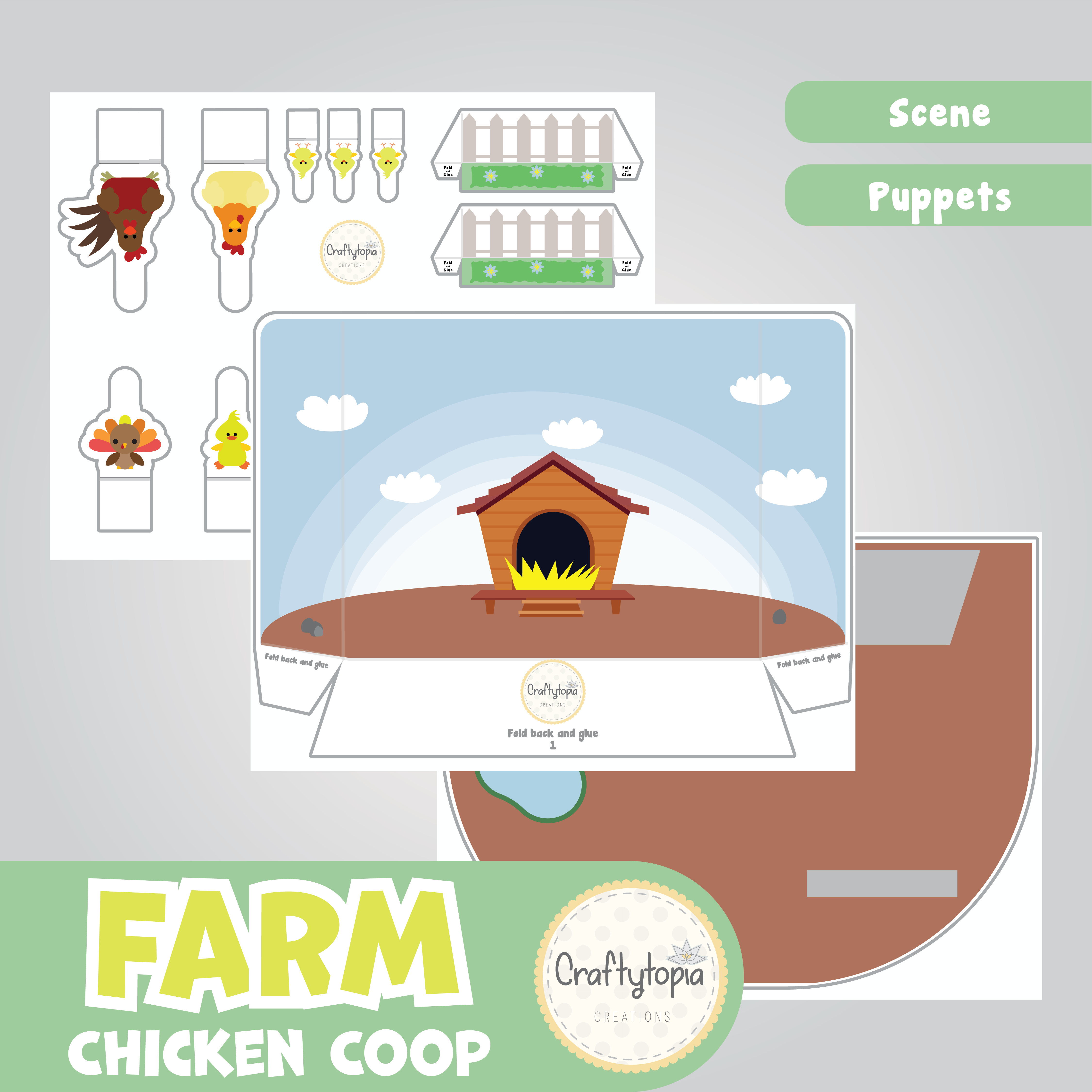 Printable Chicken Coop Scene Puppets Kids Activity in color