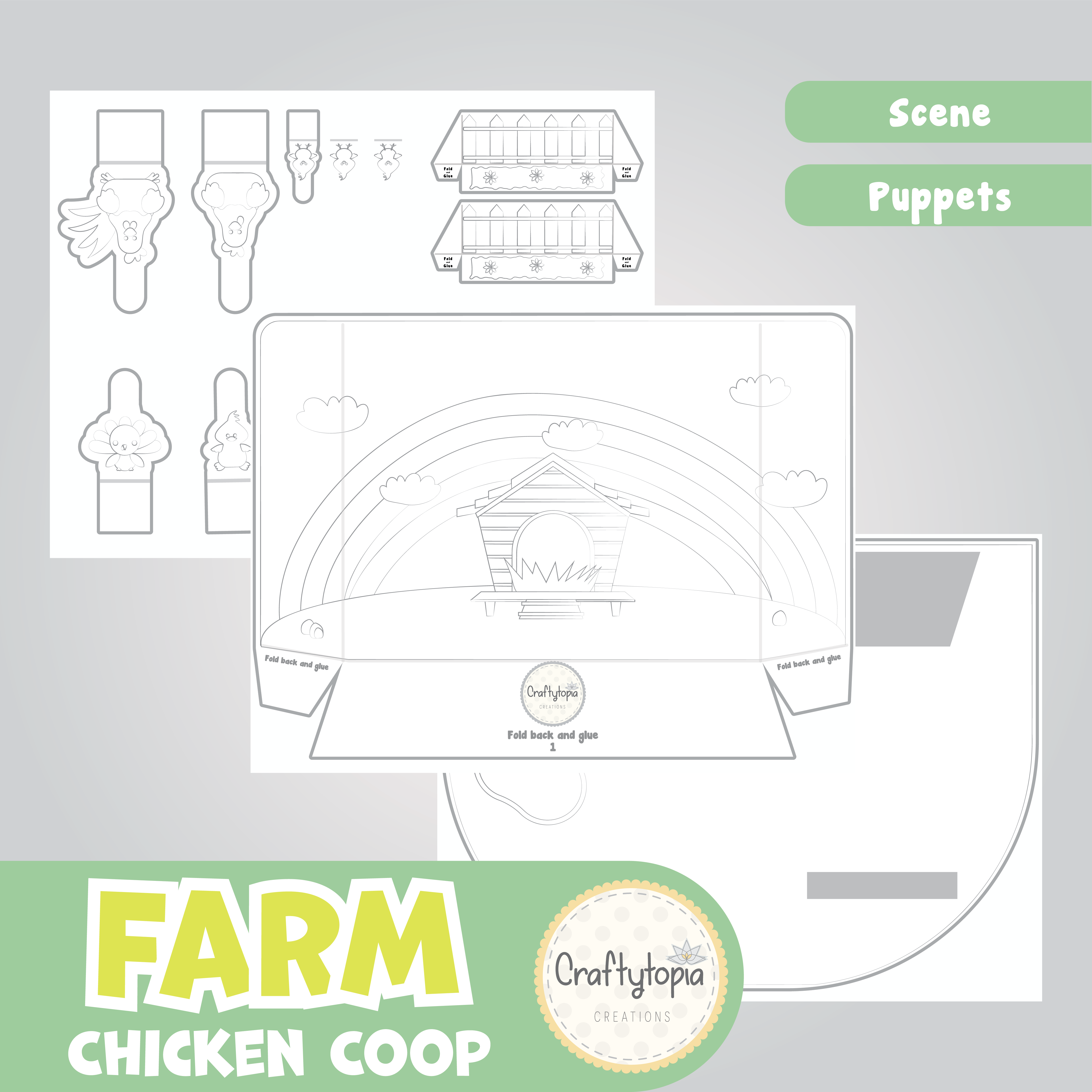 Printable Chicken Coop Scene Puppets Kids Activity for coloring 