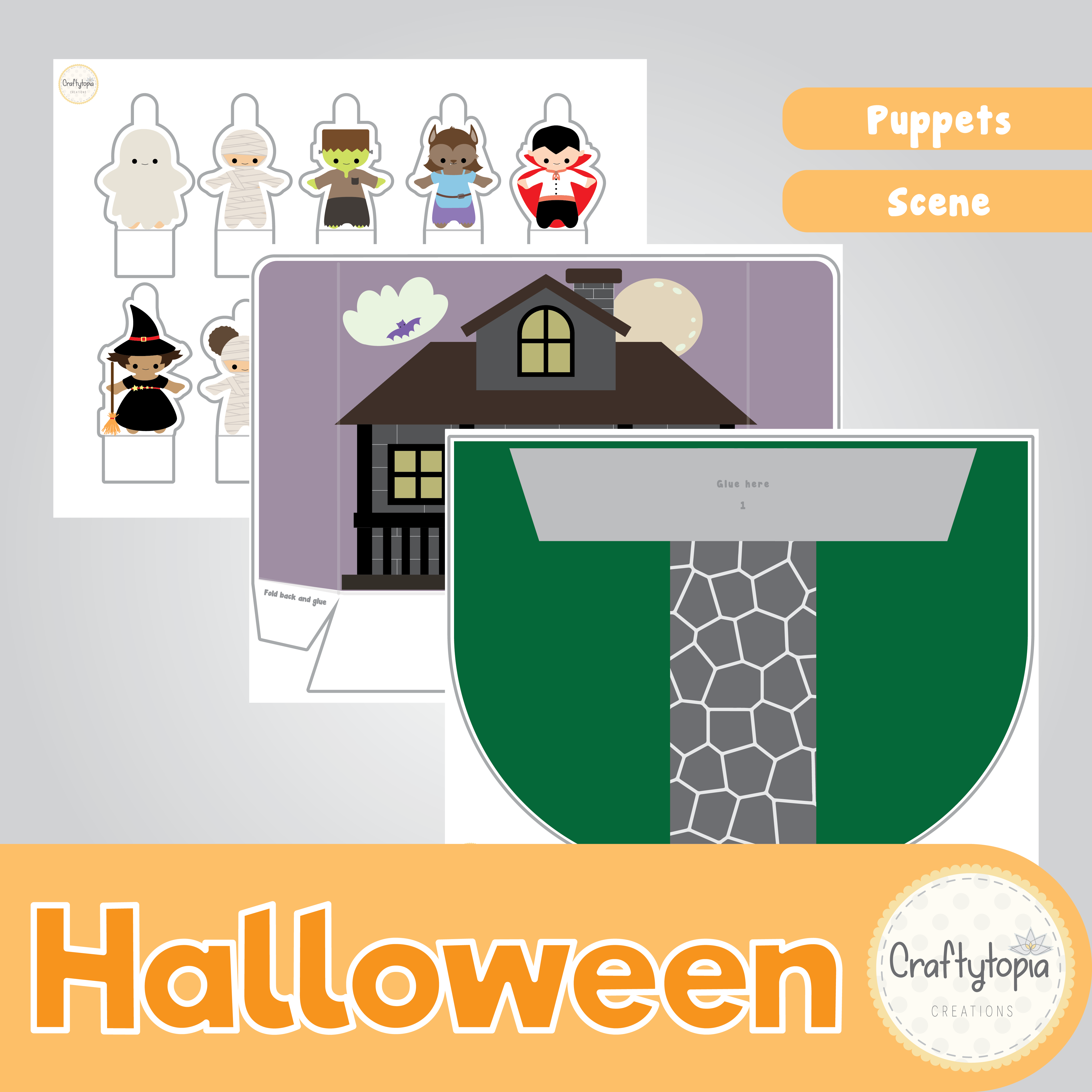Printable Halloween Haunted House Scene Puppets Kids Activity in color