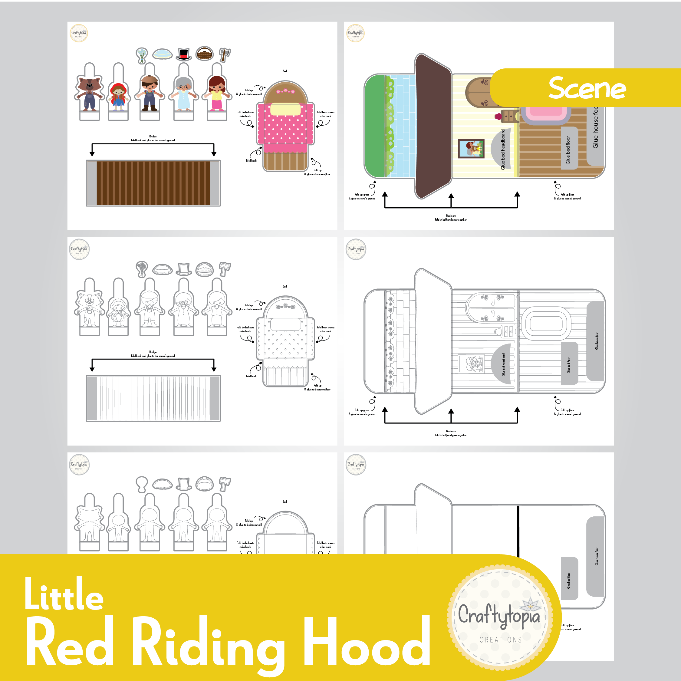 Printable Little Red Riding Hood Scene Puppets Kids Activity for coloring