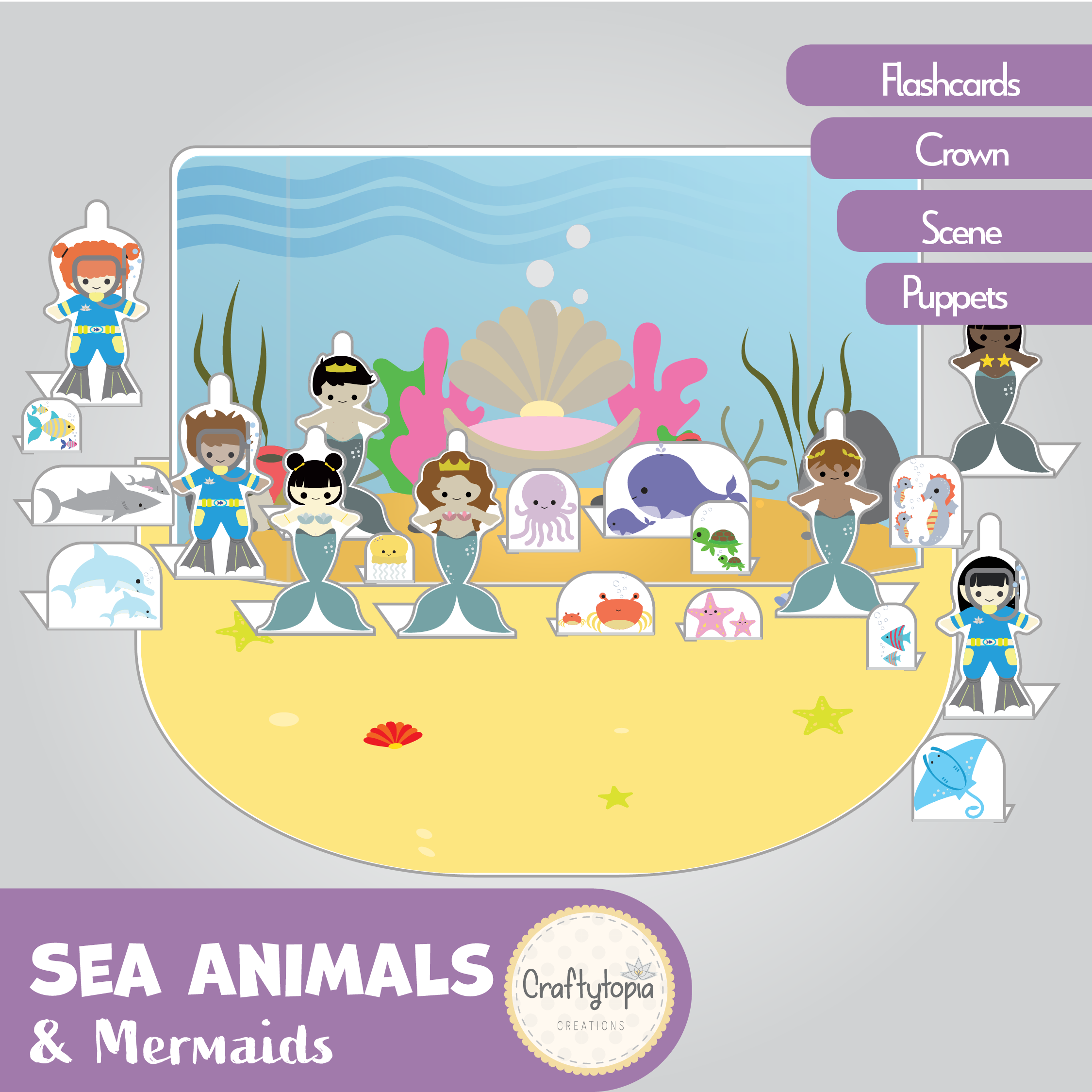 Printable Sea Mermaids Scene Puppets Kids Activity