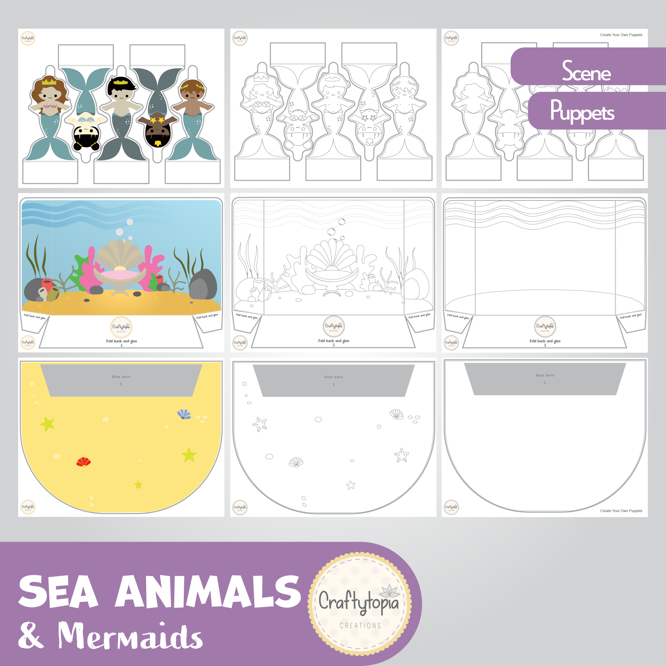 Printable Sea Mermaids Scene Puppets Kids Activity for coloring