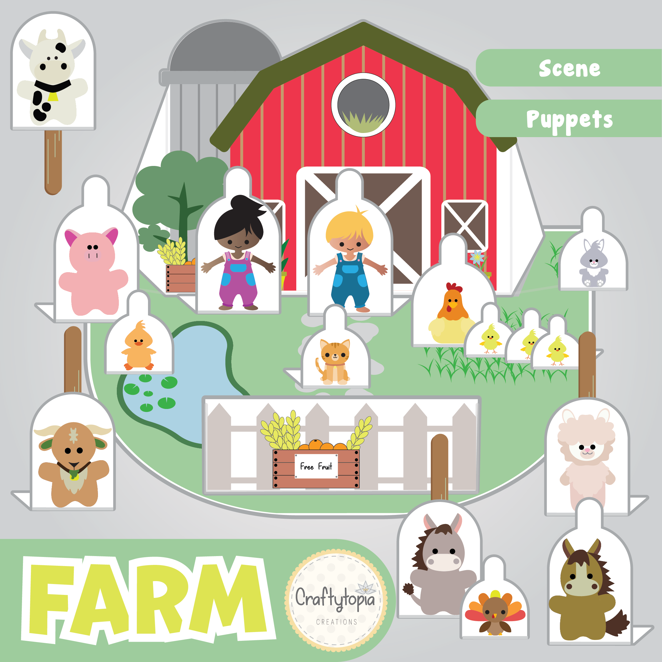 Printable Farm Puppets Scene Kids Activity 
