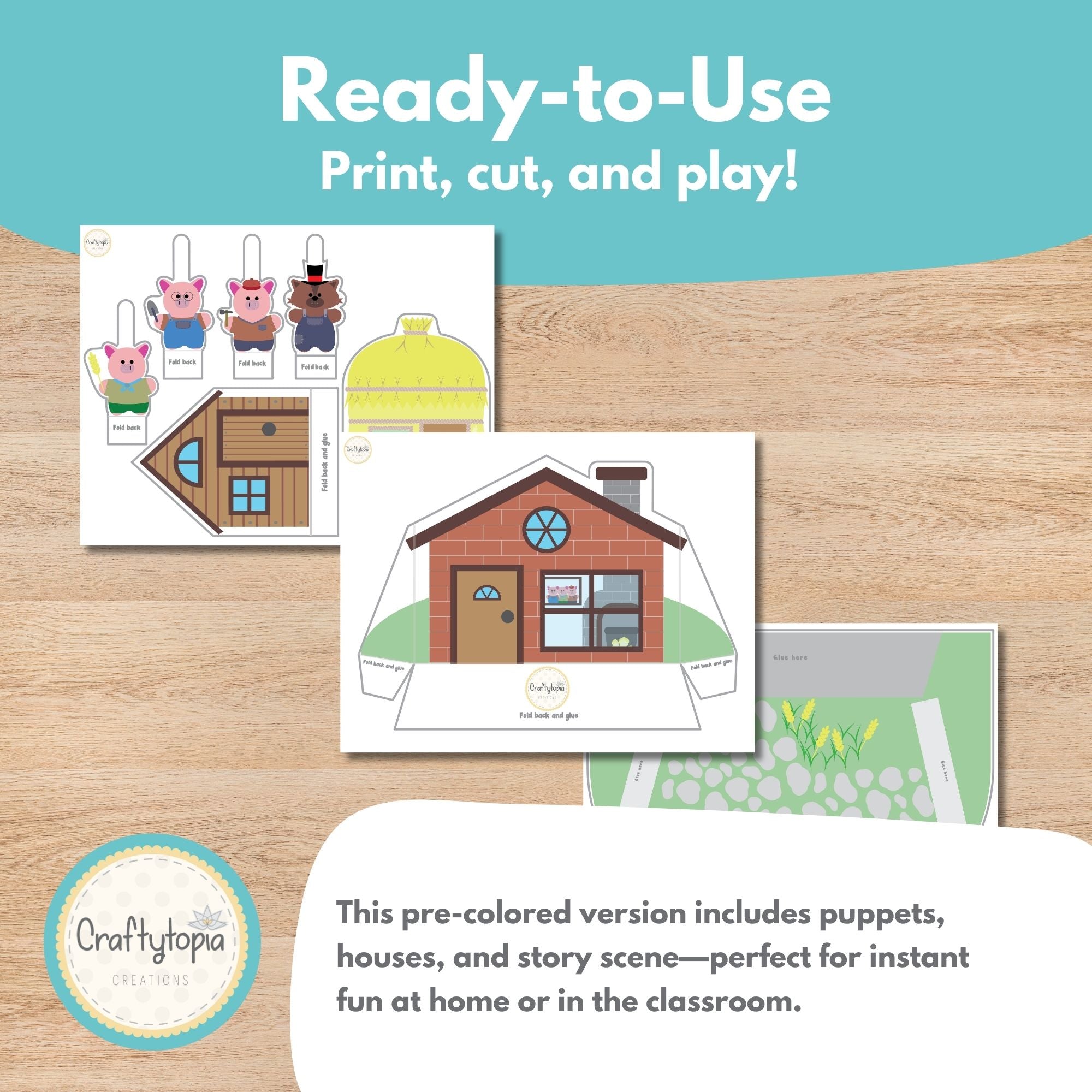 Printable Three Little Pigs Puppets Scene Kids Activity